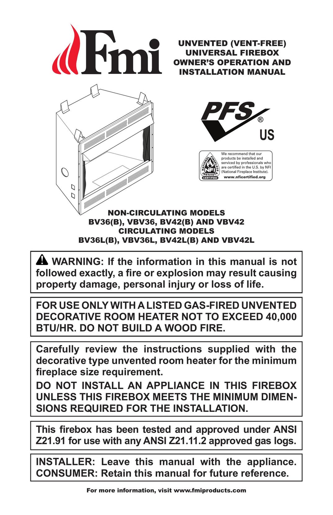 FMI BV42L(B) Indoor Fireplace User Manual