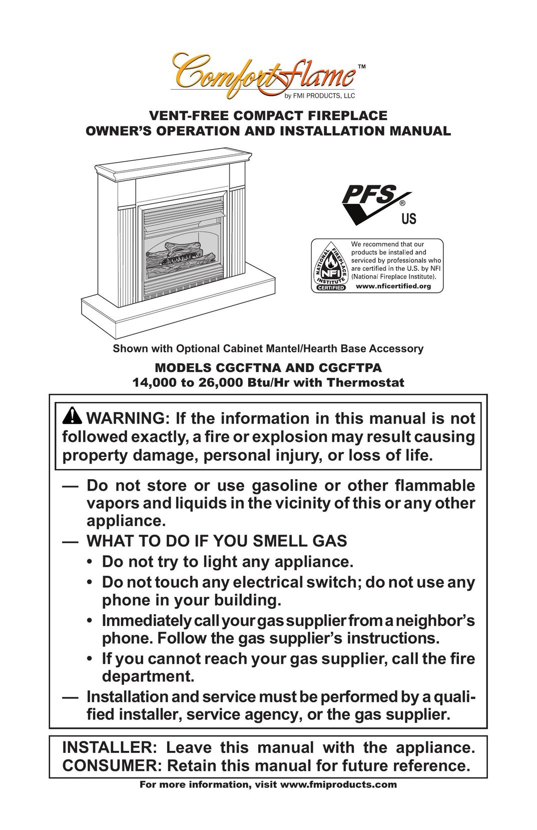 FMI CGCFTNA Indoor Fireplace User Manual