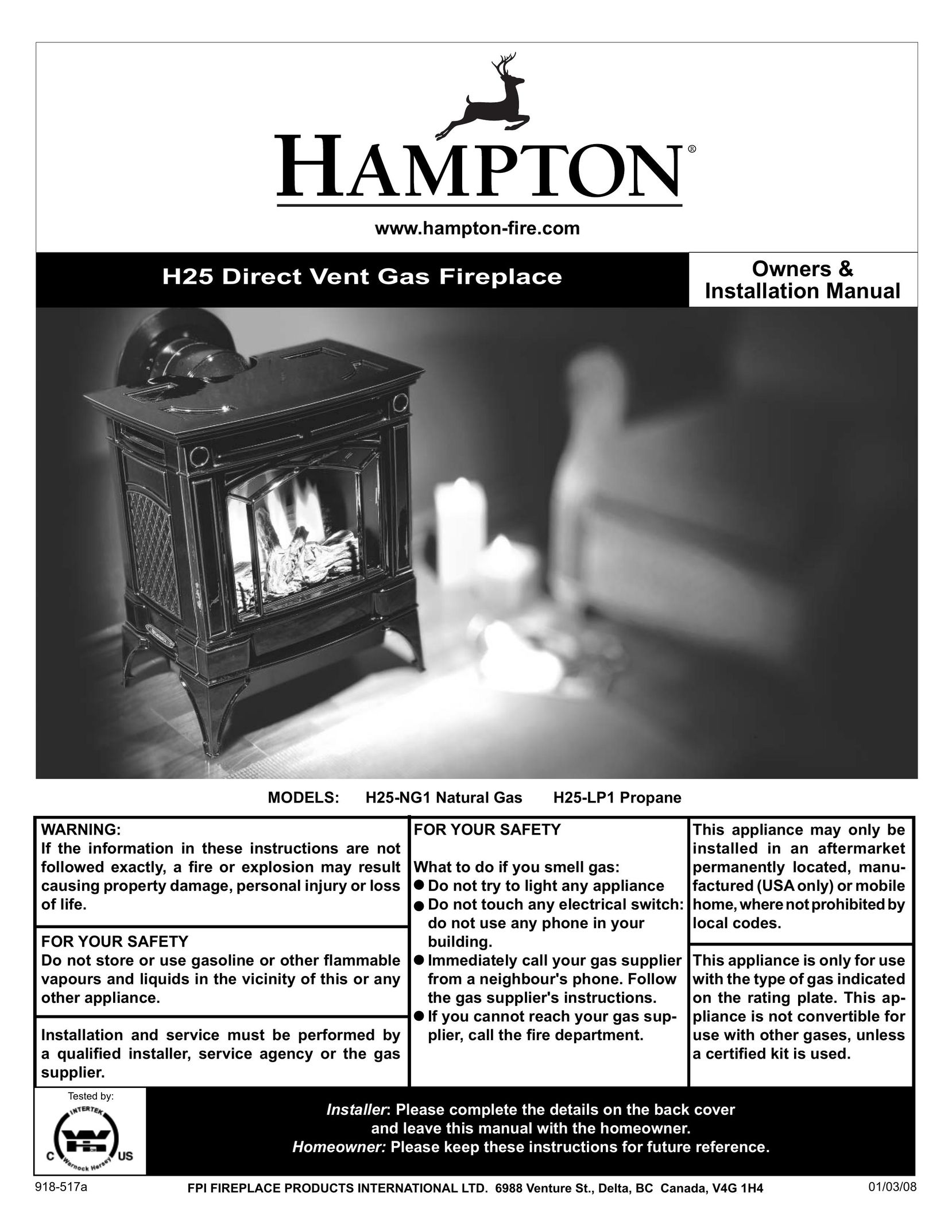 Hampton Direct H25-LP1 Propane Indoor Fireplace User Manual