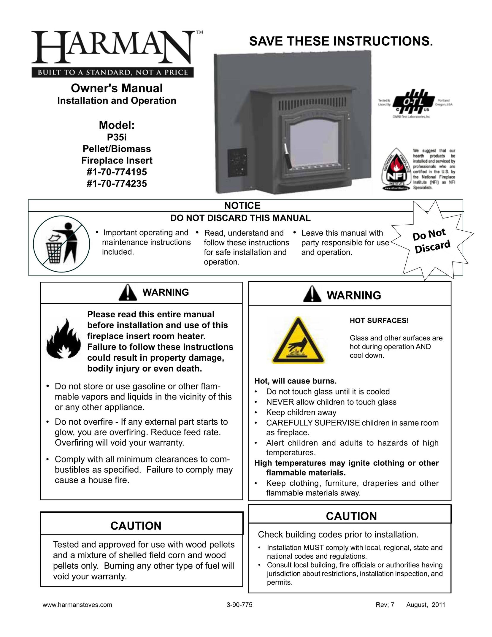 Harman Stove Company P35I Indoor Fireplace User Manual