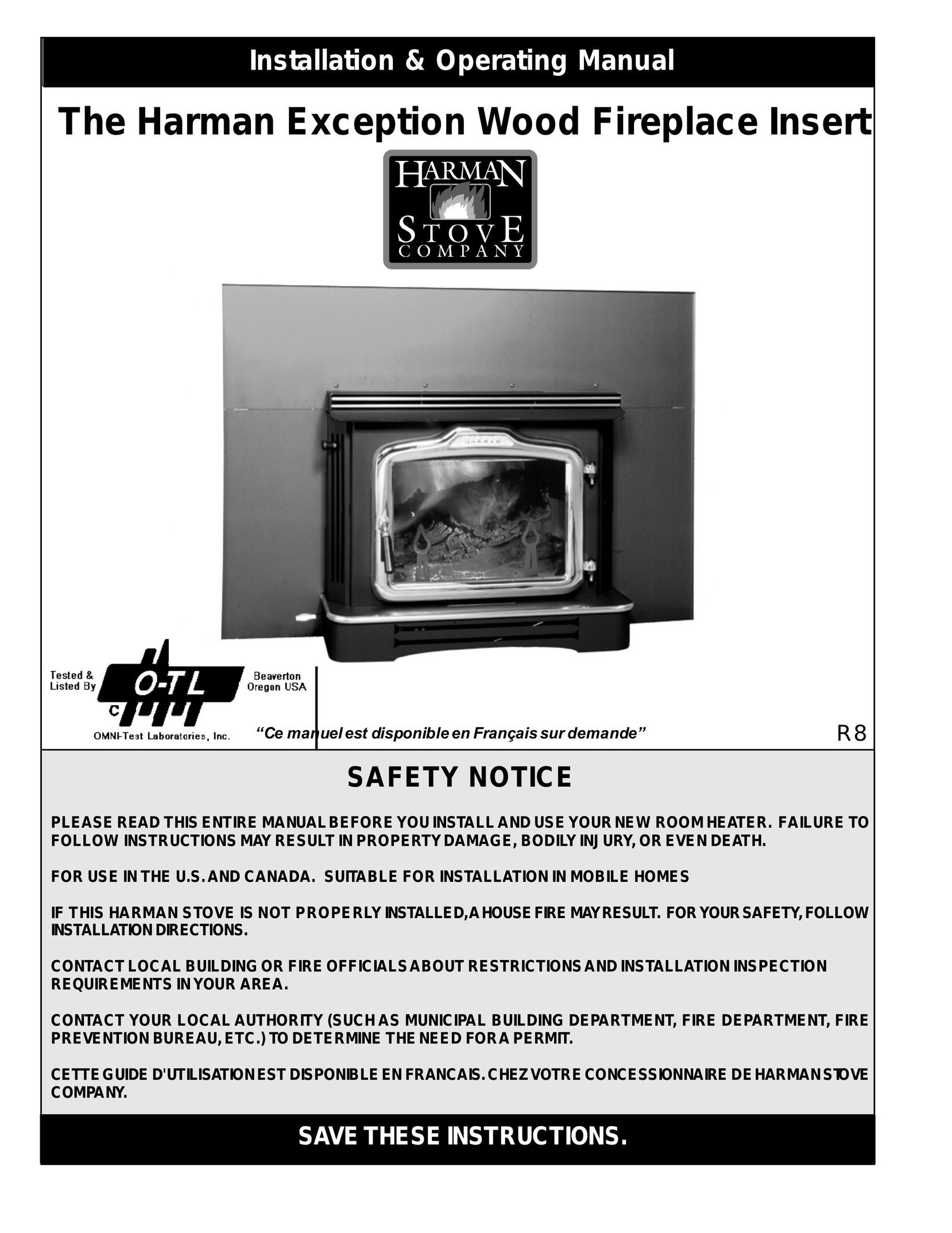 Harman Stove Company R7R1 Exception Wood Fireplace Indoor Fireplace User Manual