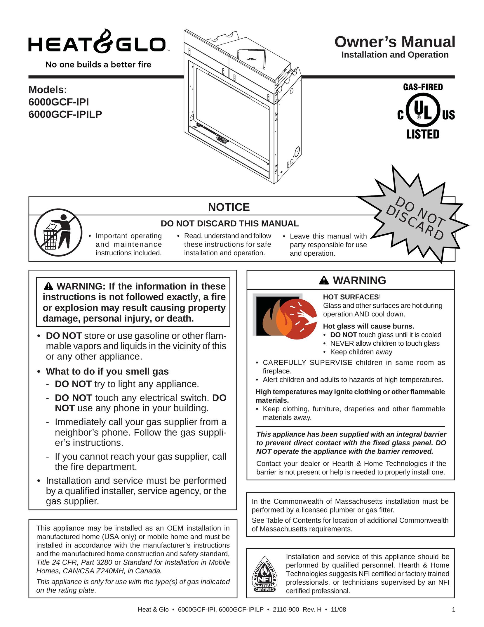 Hearth and Home Technologies 6000GCF-IPI Indoor Fireplace User Manual