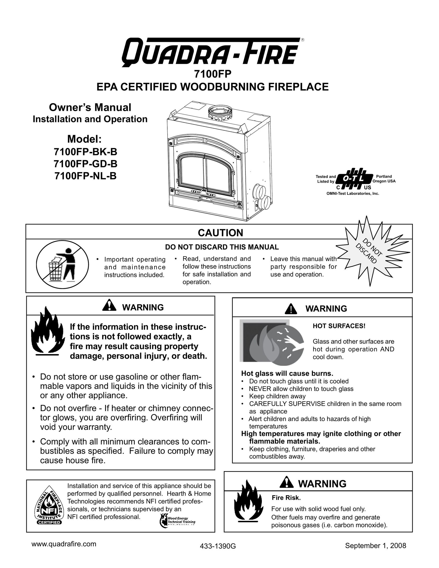 Hearth and Home Technologies 7100FP-GD-B Indoor Fireplace User Manual
