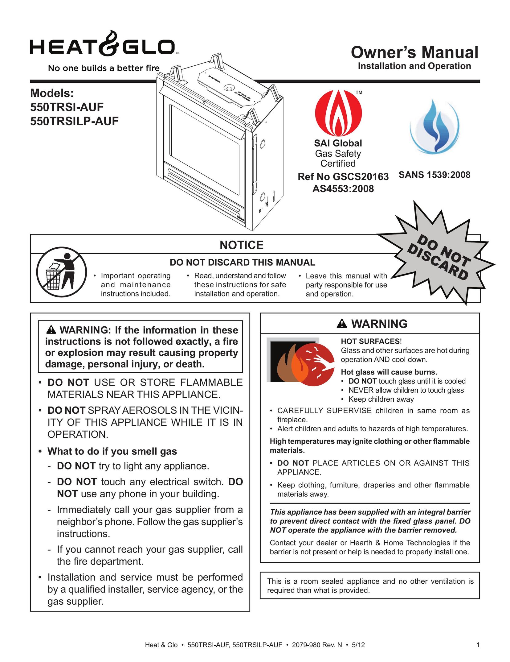 Heat & Glo LifeStyle 550TRSI-AUF Indoor Fireplace User Manual