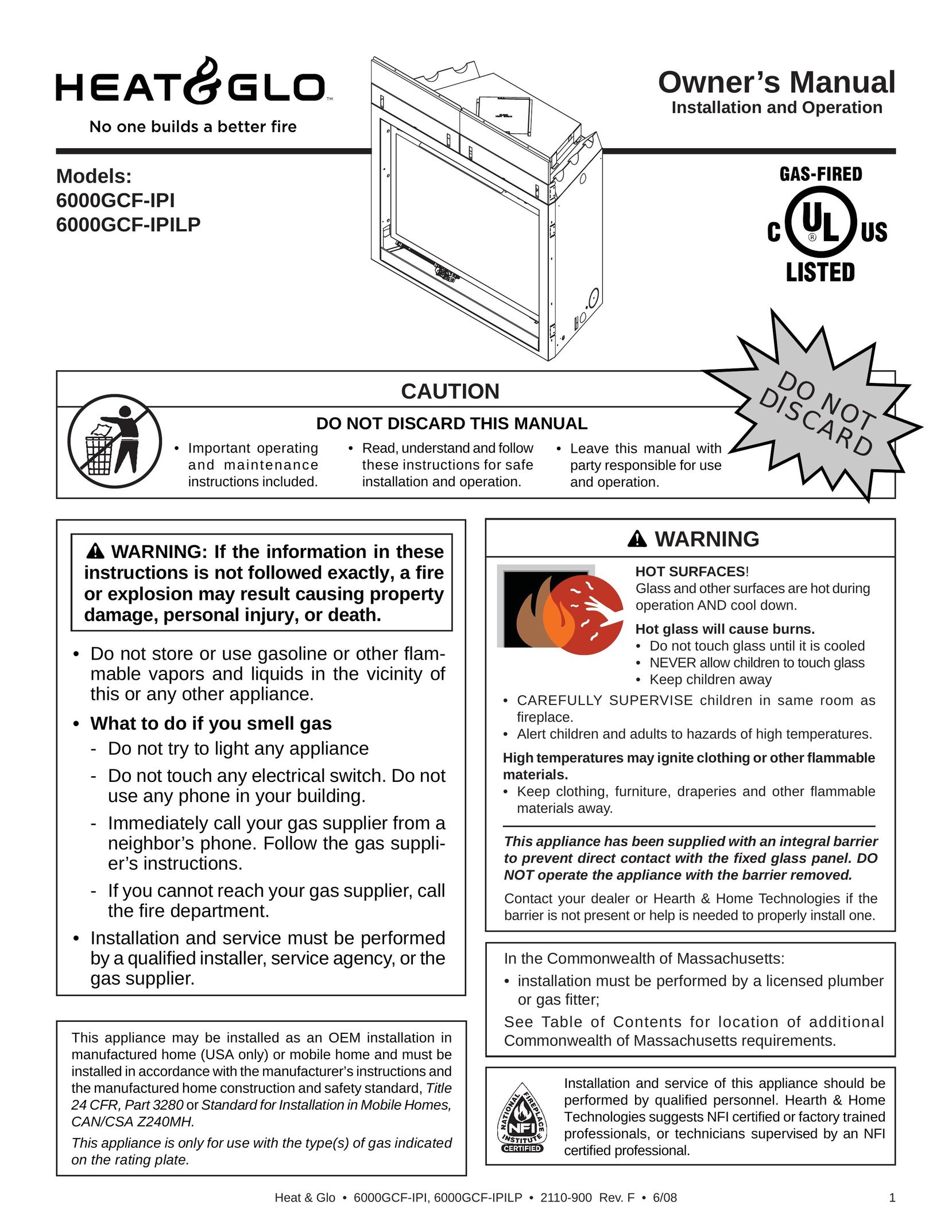 Heat & Glo LifeStyle 6000GCF-IPILP Indoor Fireplace User Manual