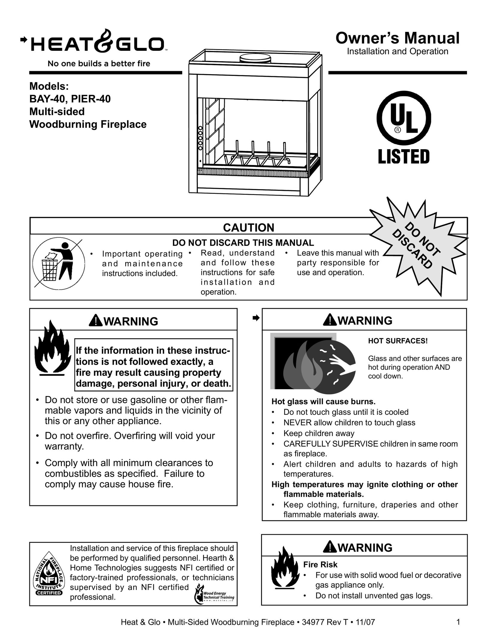 Heat & Glo LifeStyle BAY-40 Indoor Fireplace User Manual