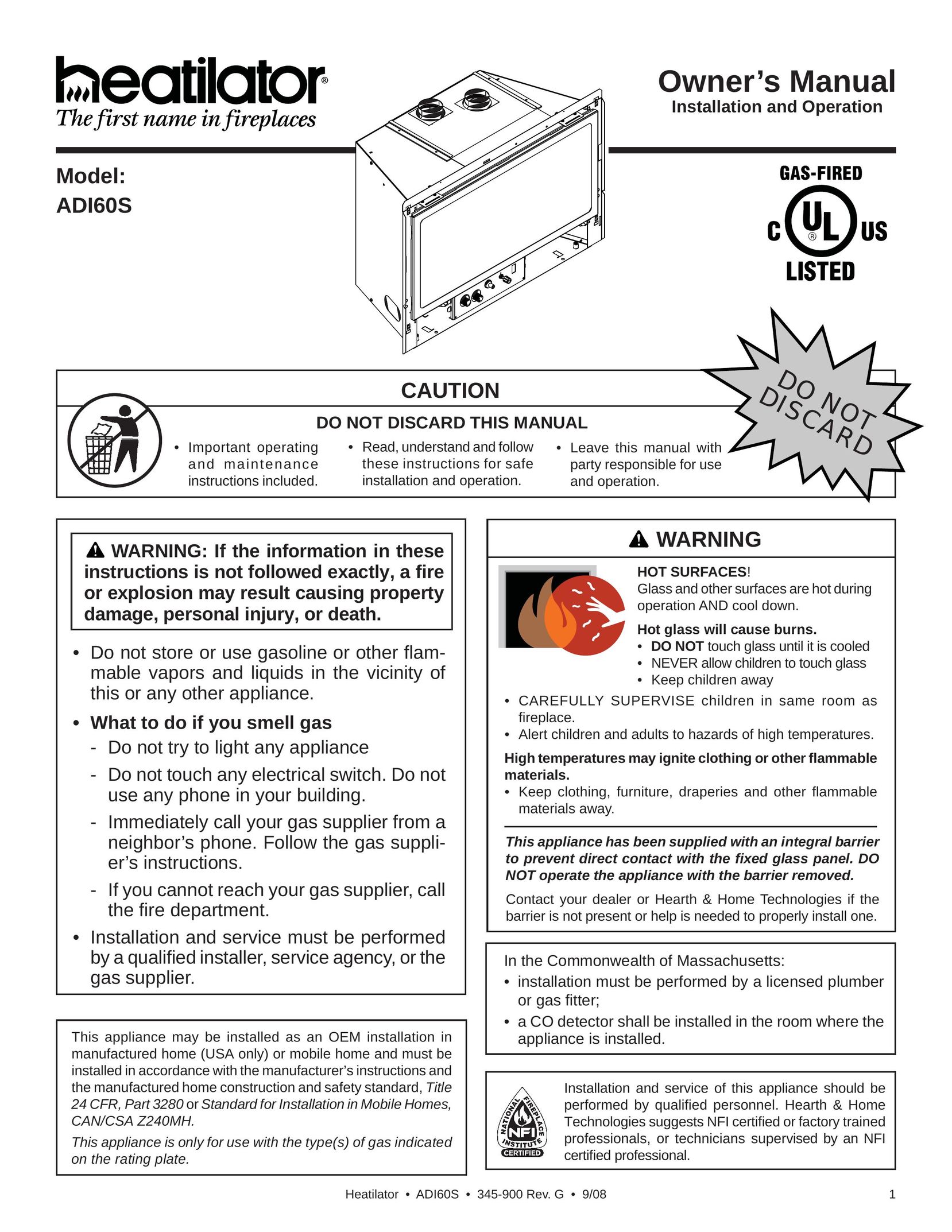 Heatiator ADI60S Indoor Fireplace User Manual