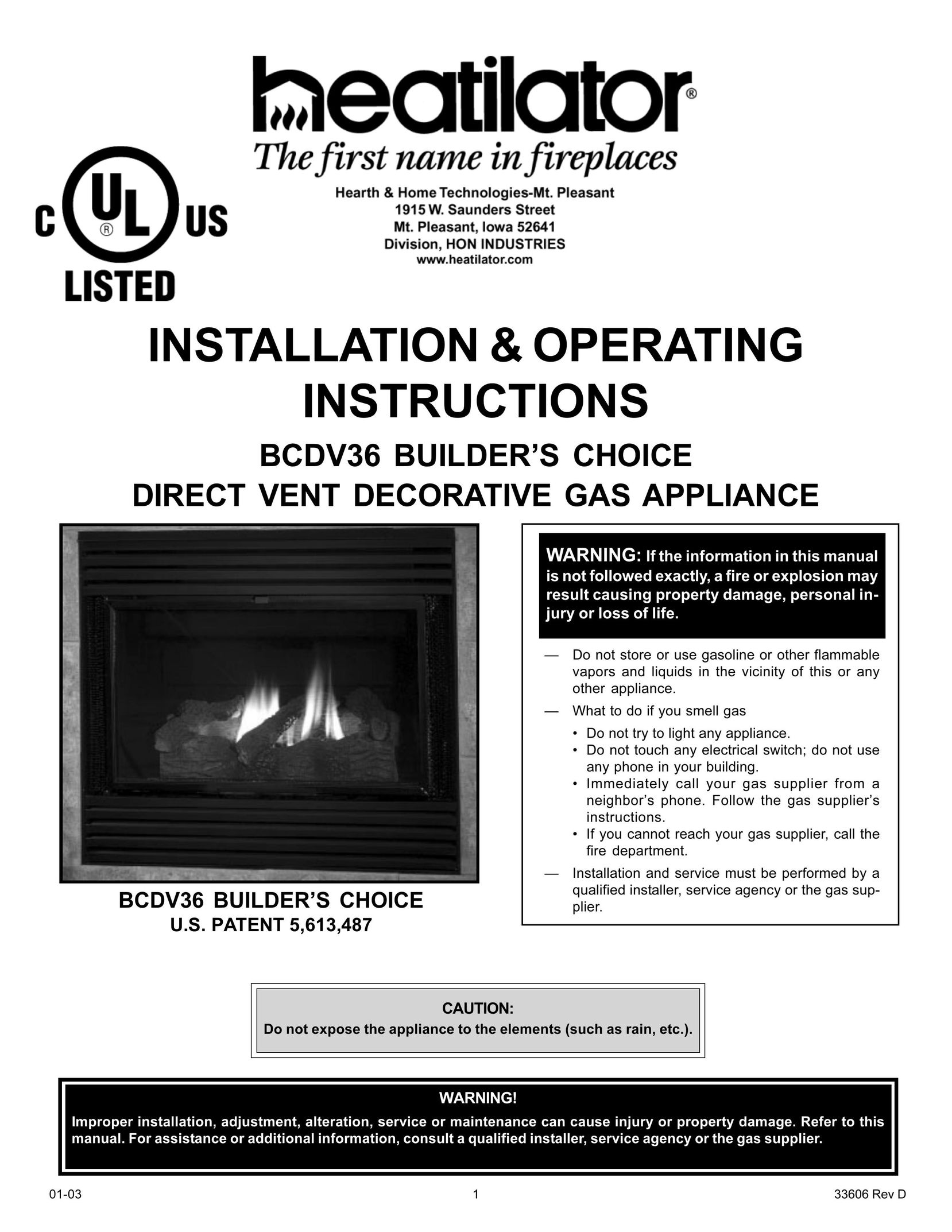 Heatiator BCDV36 Indoor Fireplace User Manual