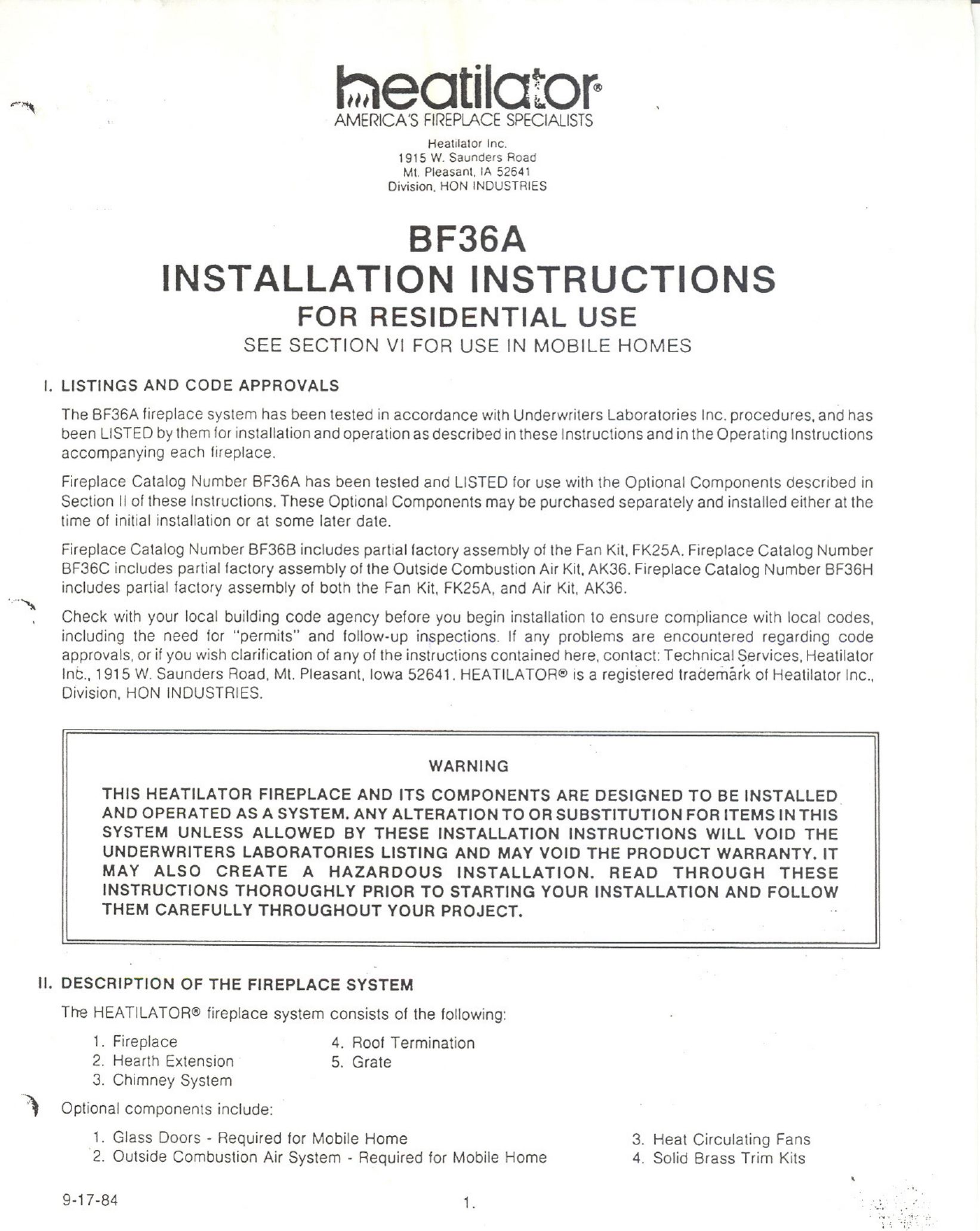 Heatiator BF36A Indoor Fireplace User Manual