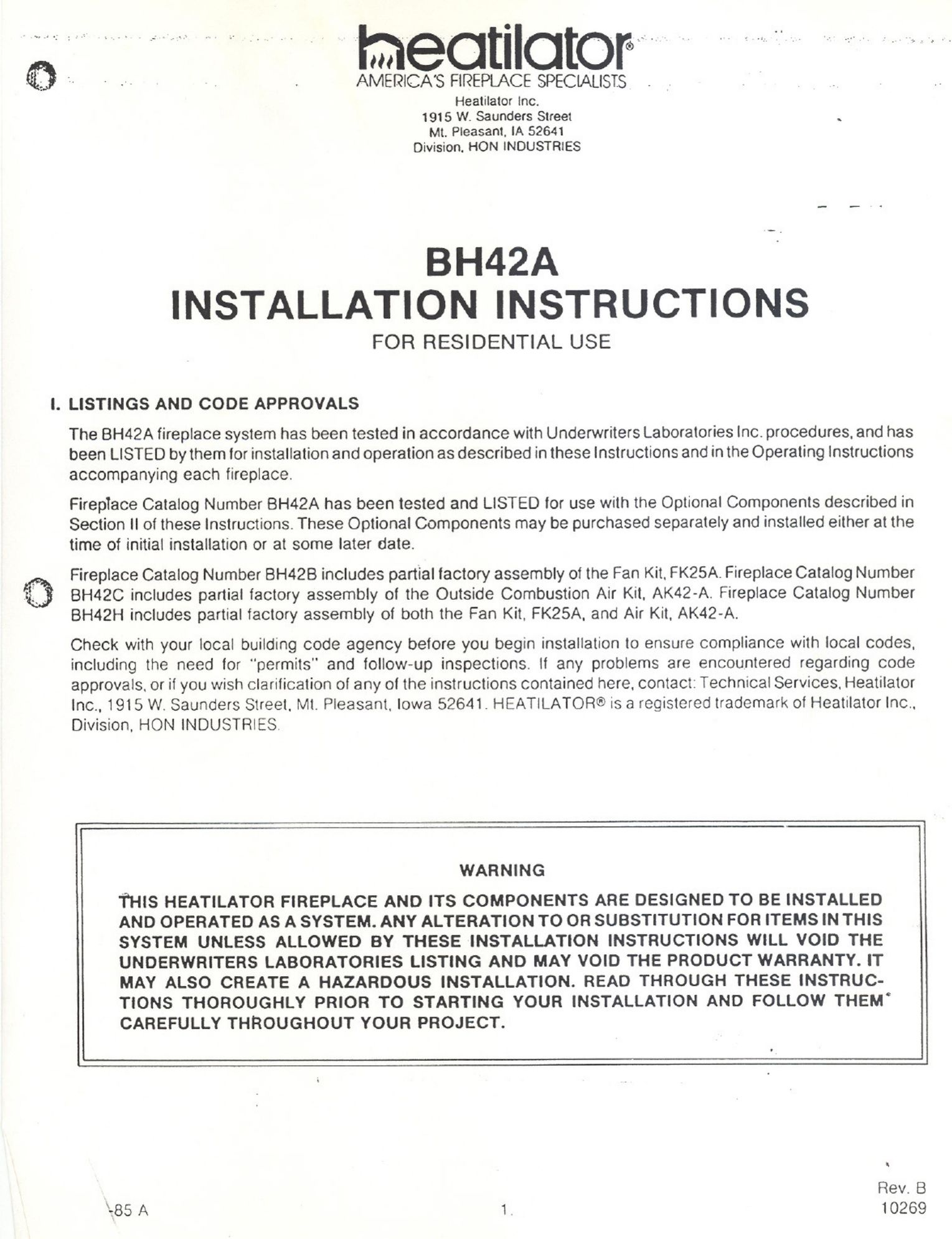 Heatiator BH42A Indoor Fireplace User Manual