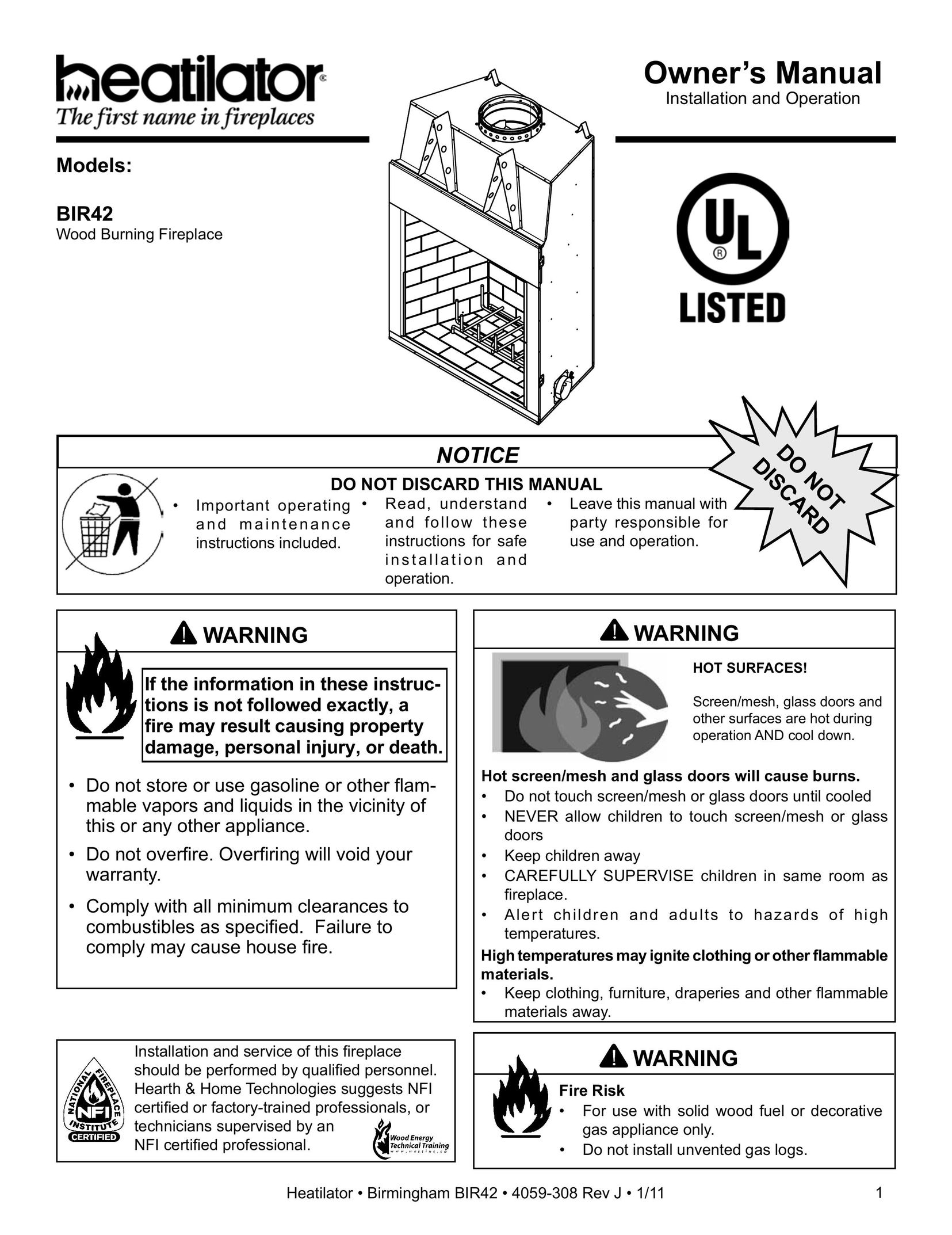 Heatiator BIR42 Indoor Fireplace User Manual