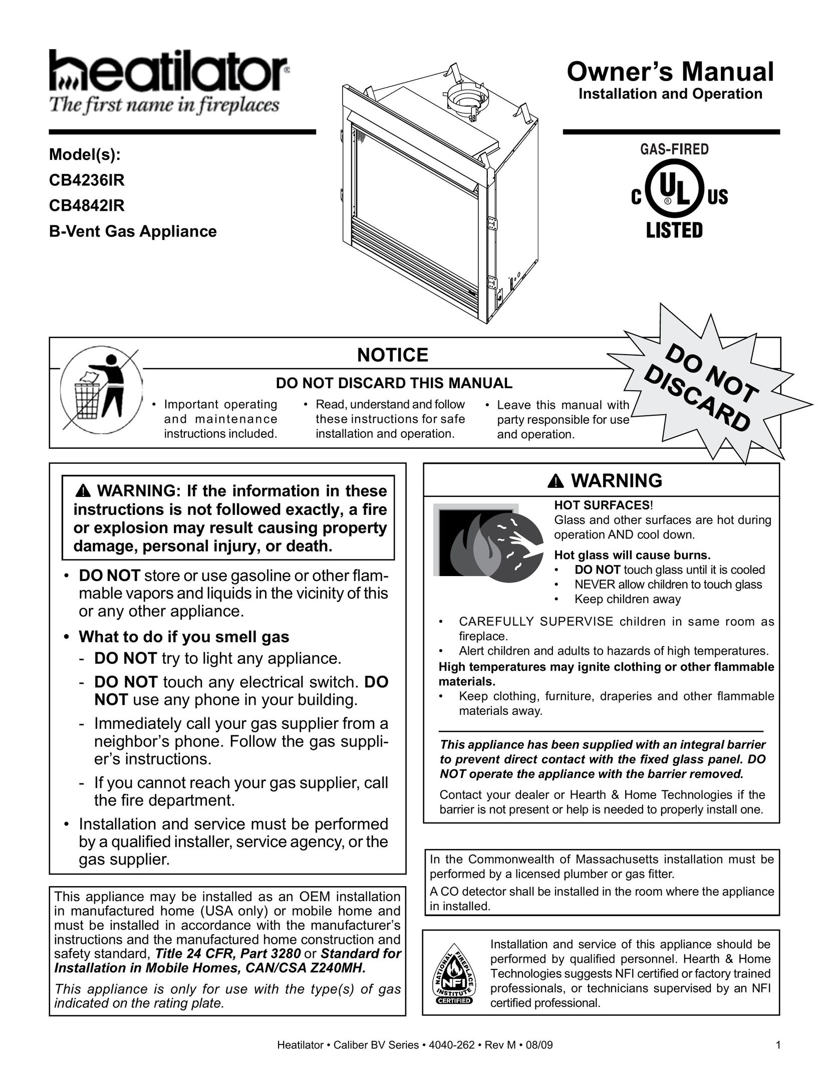 Heatiator CB4236IR Indoor Fireplace User Manual
