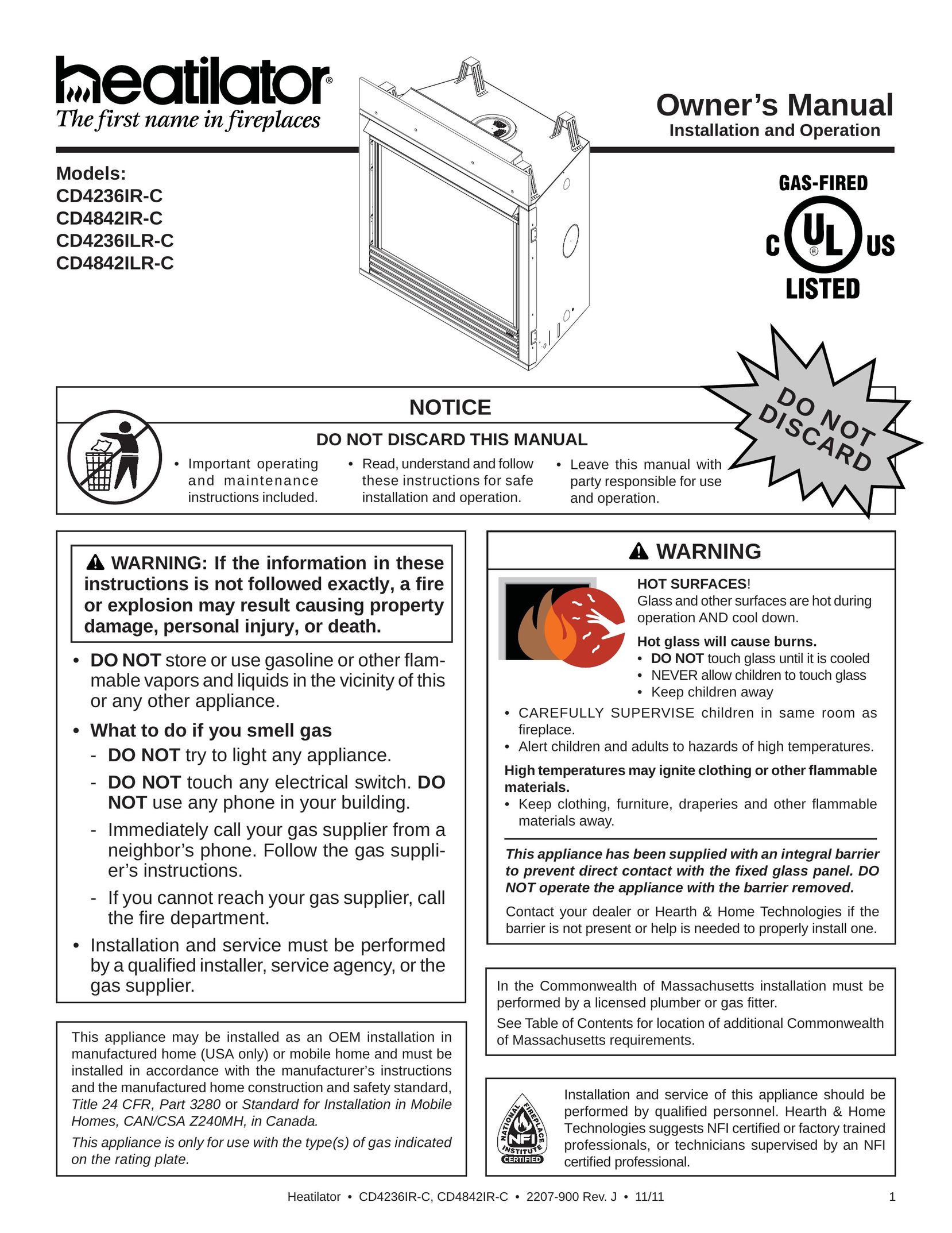 Heatiator CD4236ILR-C Indoor Fireplace User Manual