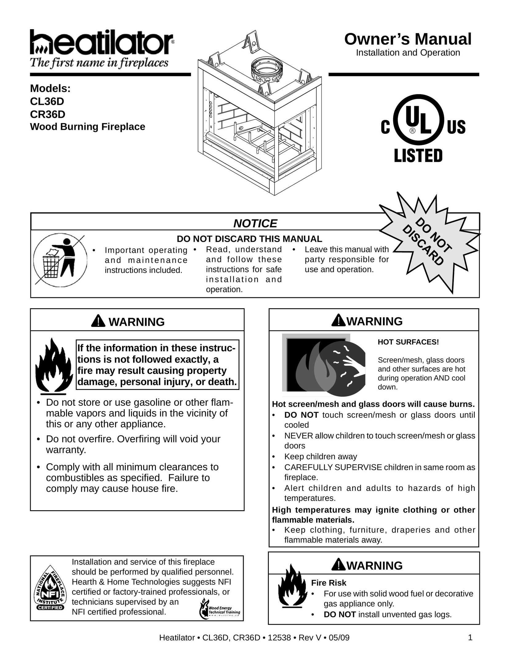 Heatiator CR36D Indoor Fireplace User Manual