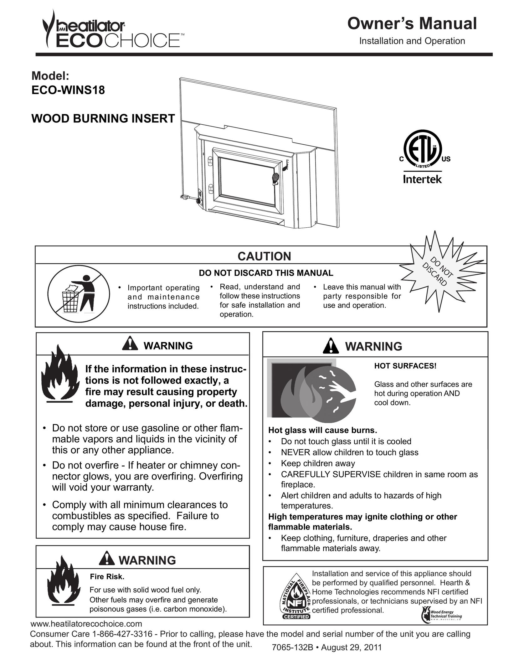 Heatiator ECO-WINS18 Indoor Fireplace User Manual