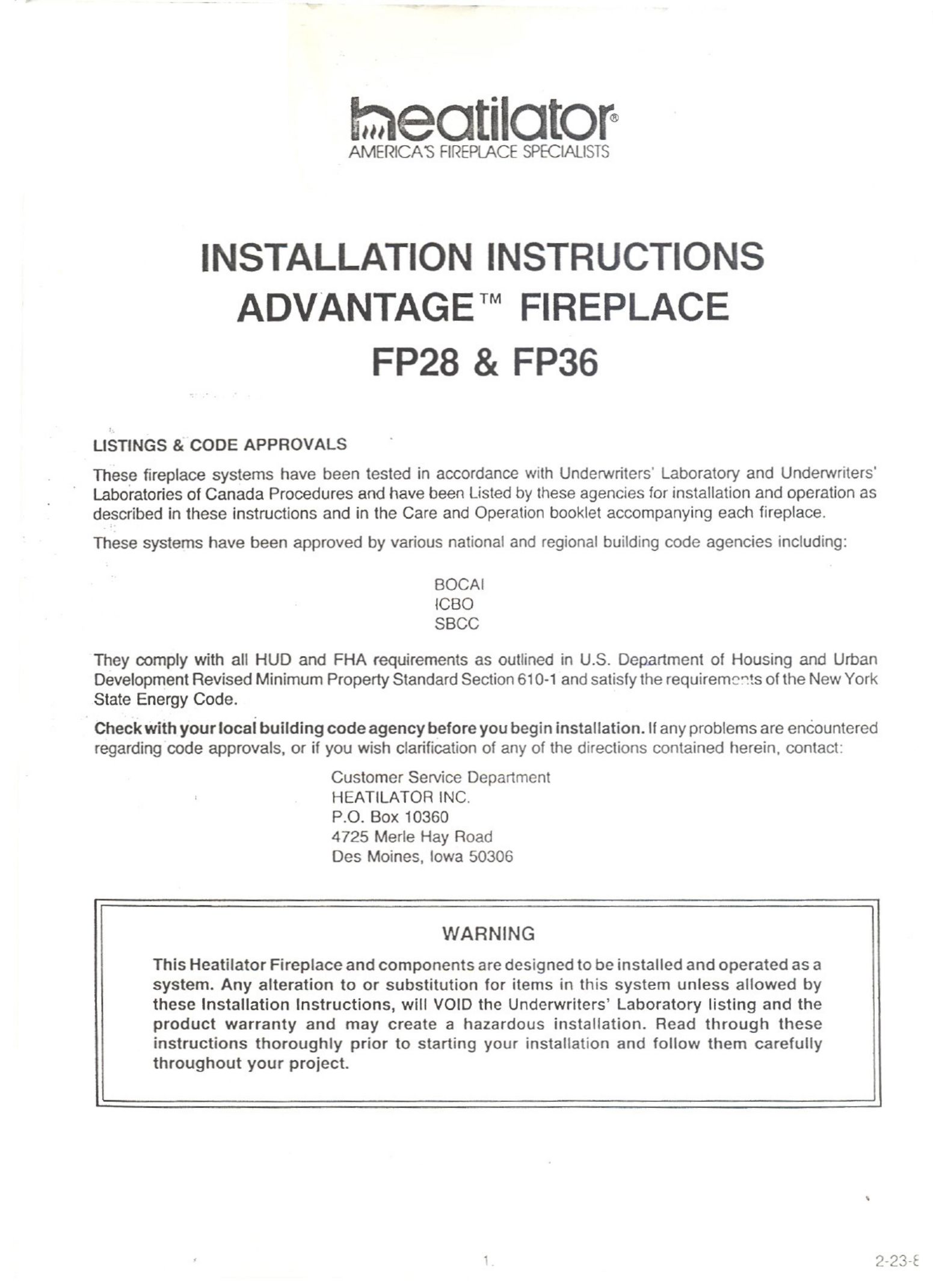 Heatiator FP28 Indoor Fireplace User Manual