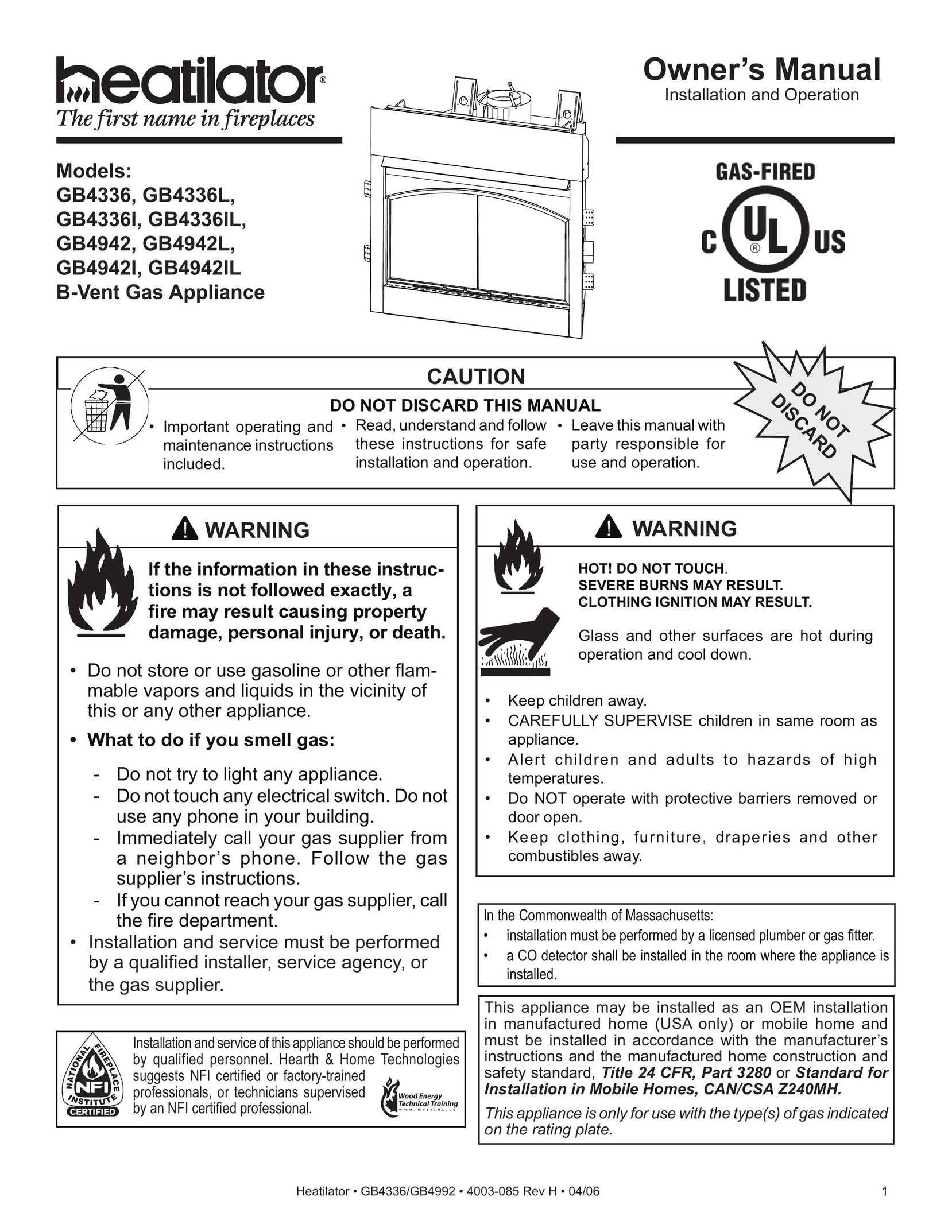 Heatiator GB4336 Indoor Fireplace User Manual
