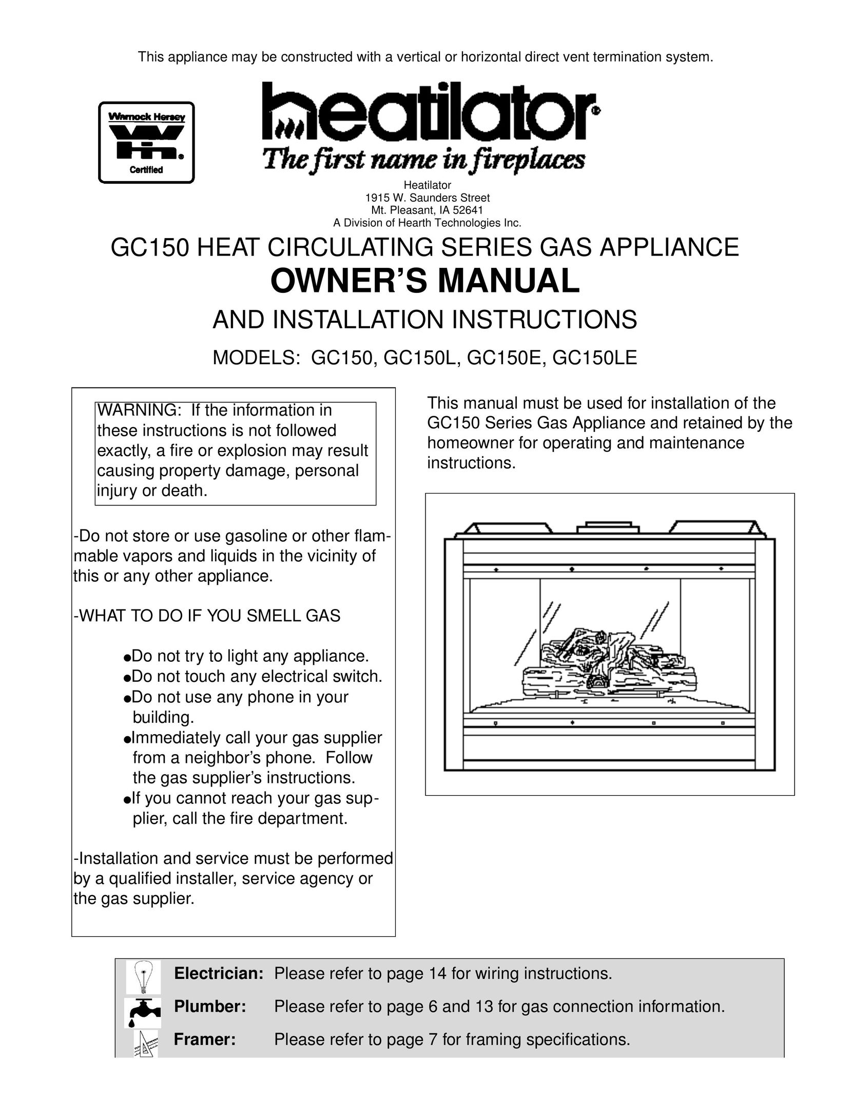 Heatiator GC150 Indoor Fireplace User Manual