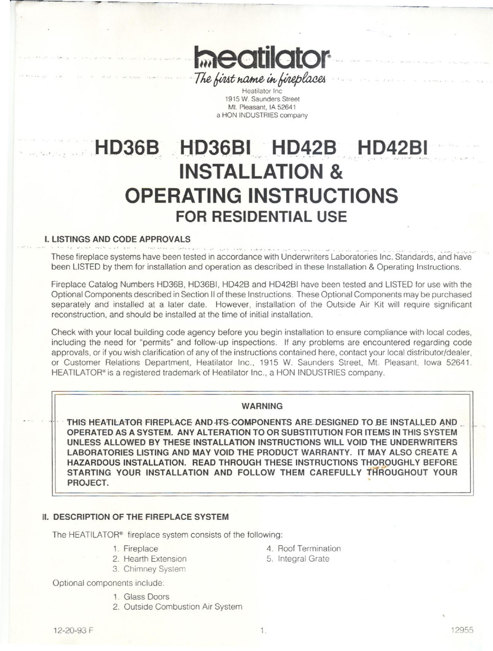 Heatiator HD36B Indoor Fireplace User Manual