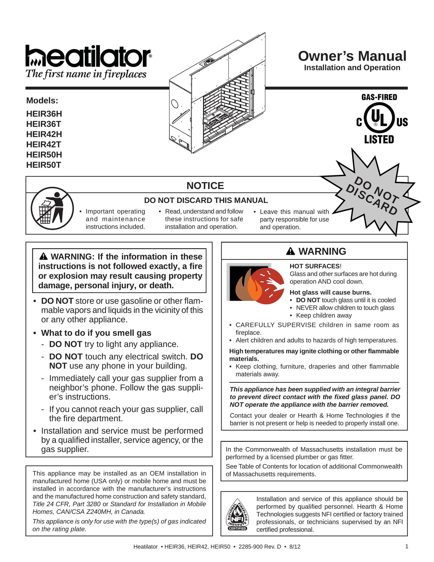 Heatiator HEIR36H Indoor Fireplace User Manual