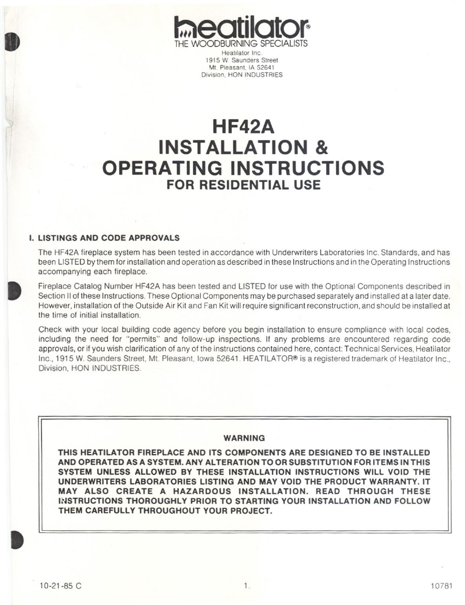 Heatiator HF42A Indoor Fireplace User Manual