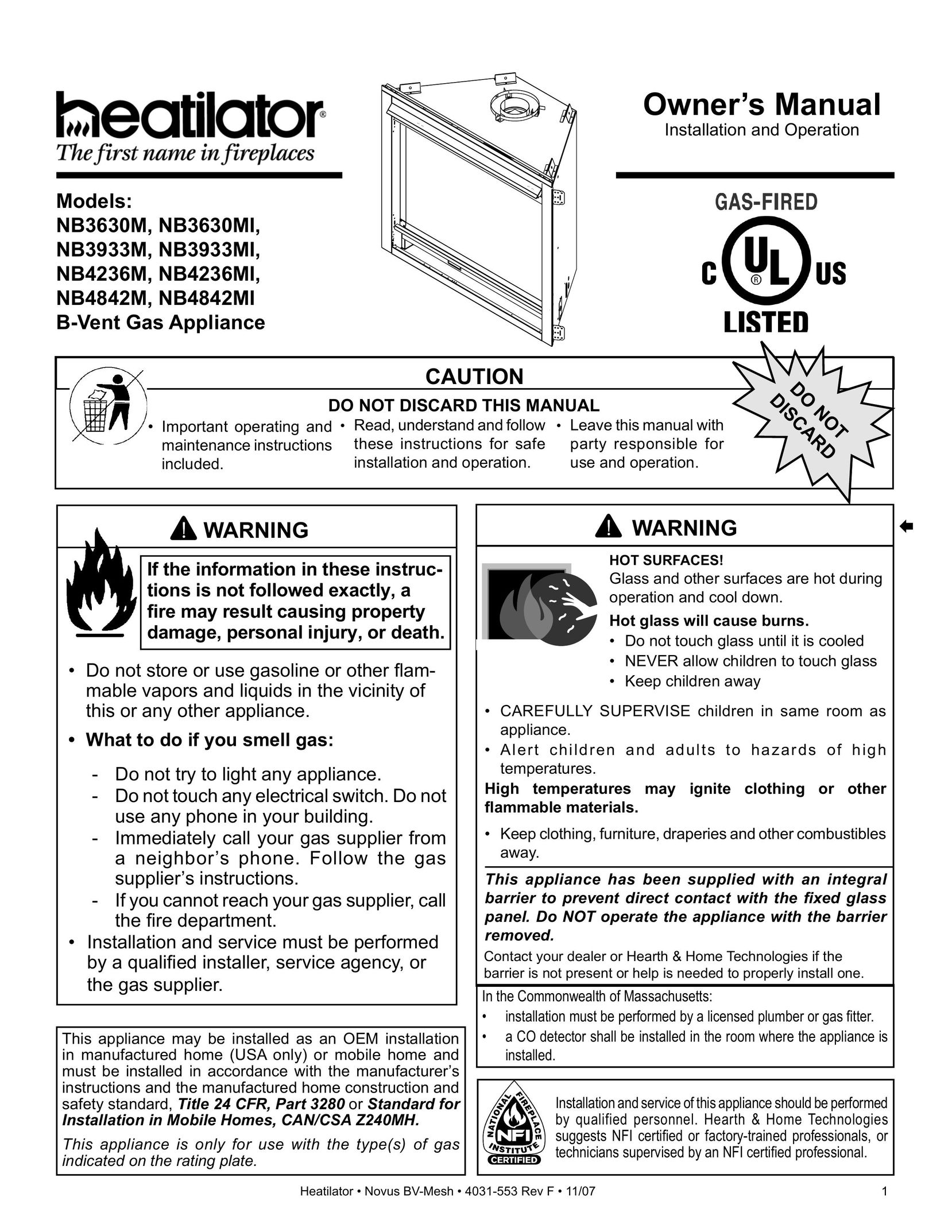 Heatiator NB3630M Indoor Fireplace User Manual