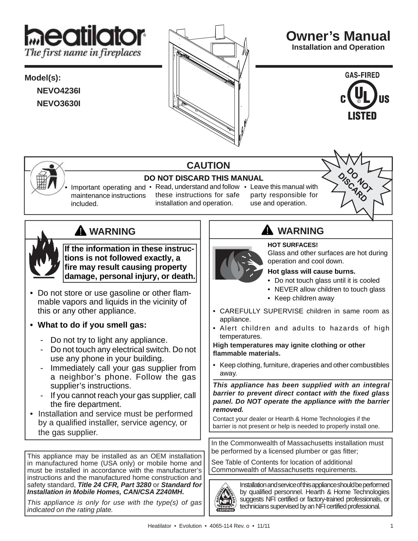 Heatiator NEVO4236I NEVO3630I Indoor Fireplace User Manual