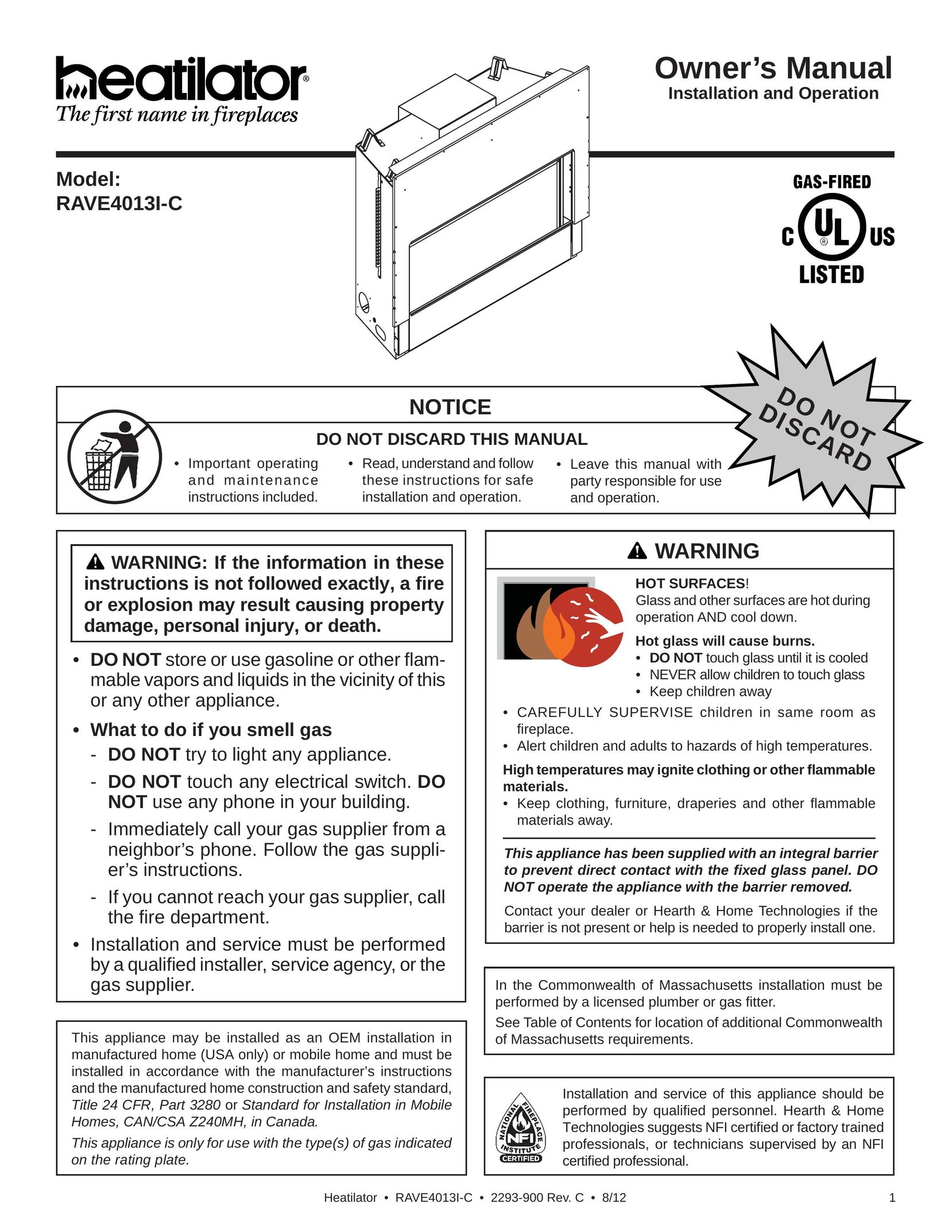 Heatiator Rave4013i-c Indoor Fireplace User Manual