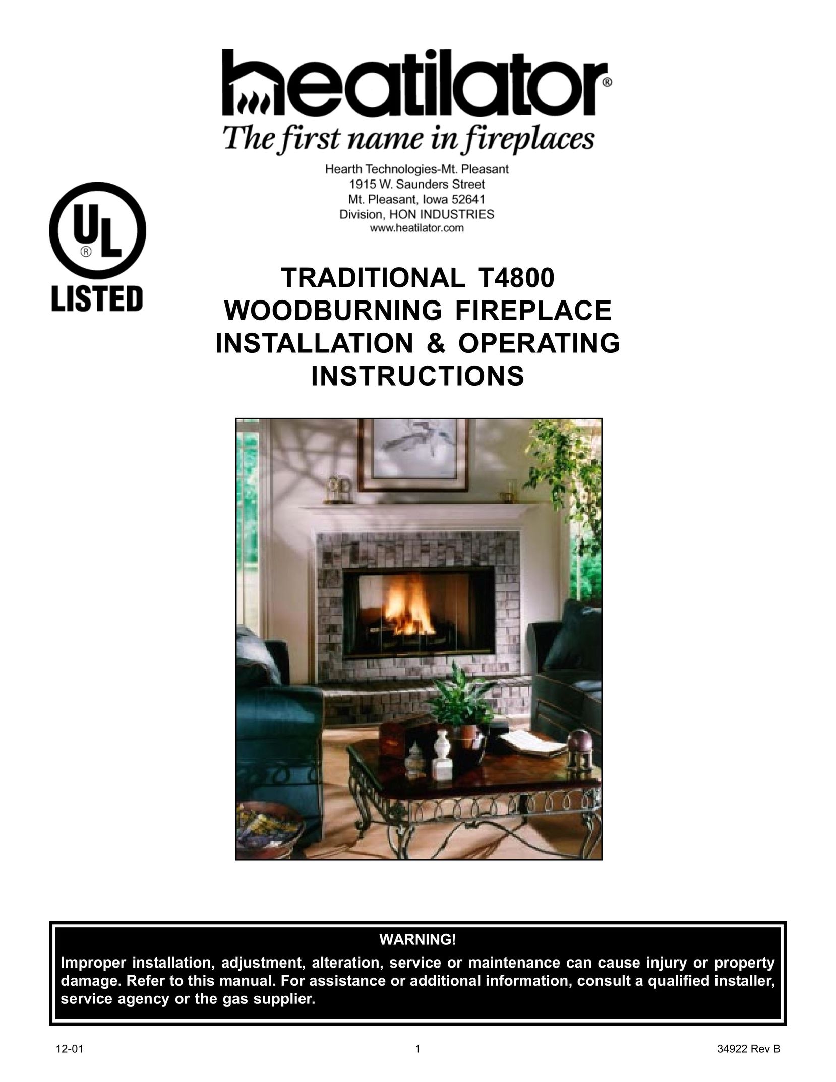 Heatiator T4800 Indoor Fireplace User Manual