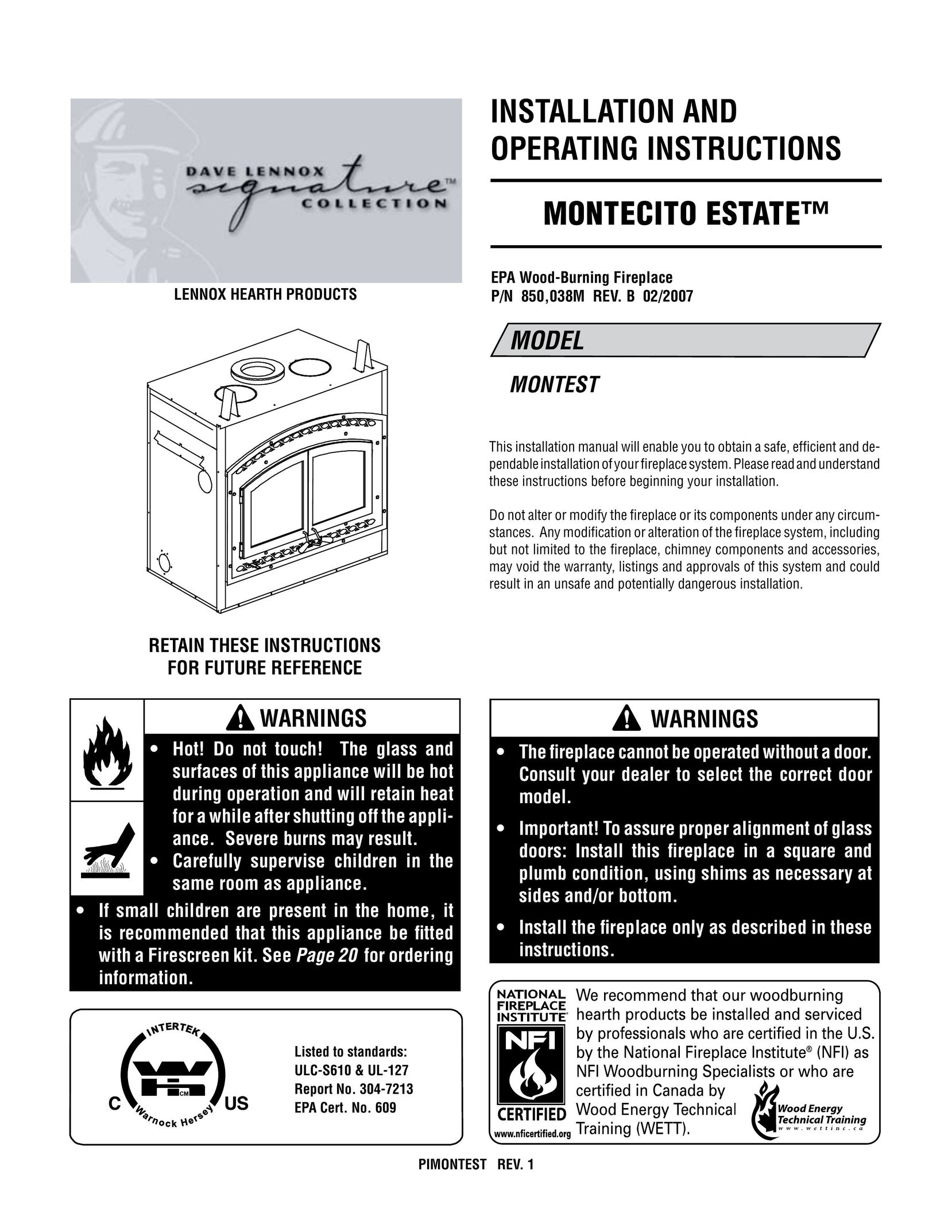 Lennox Hearth 038M Indoor Fireplace User Manual