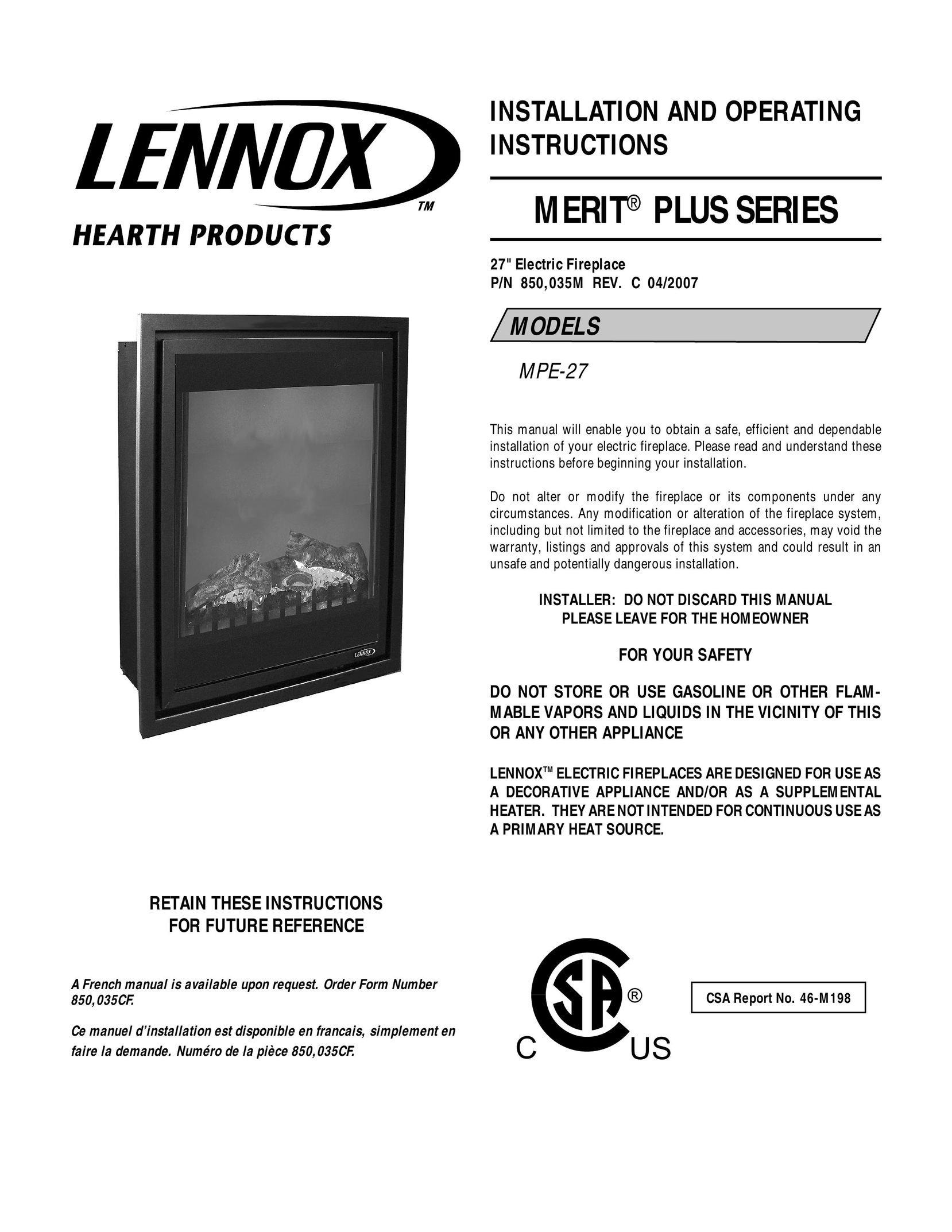 Lennox Hearth 27" Electric Fireplace Indoor Fireplace User Manual