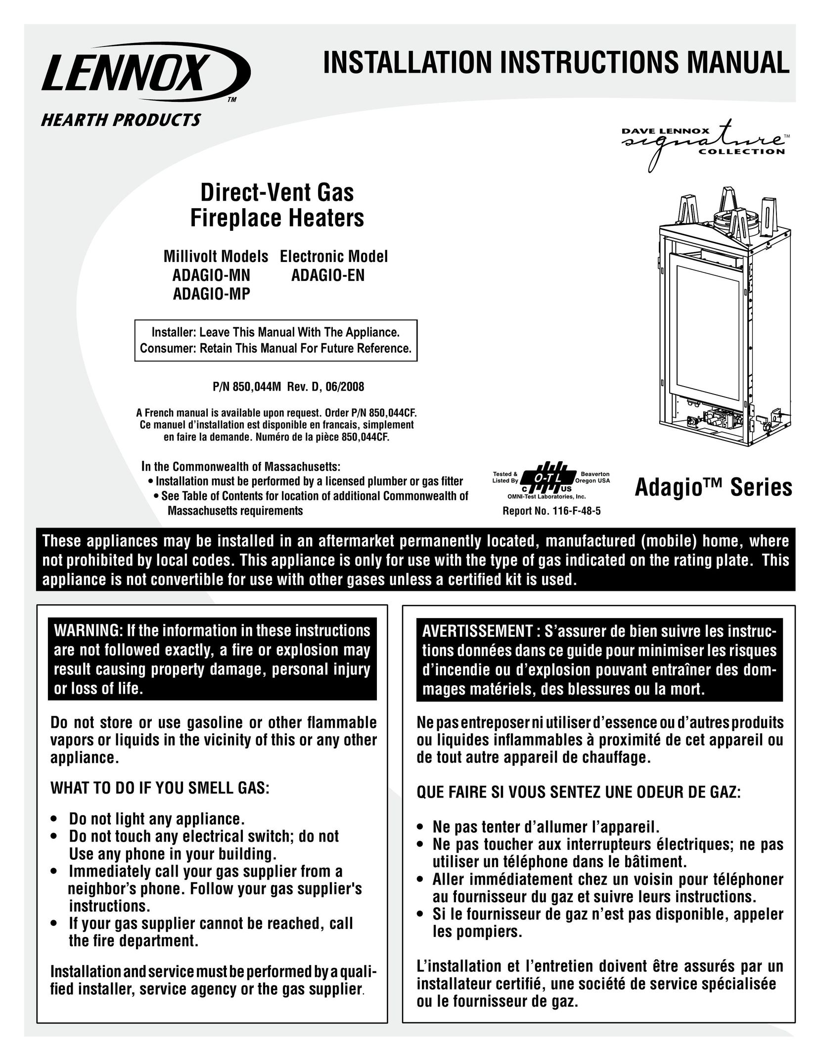 Lennox Hearth ADAGIO-EN Indoor Fireplace User Manual