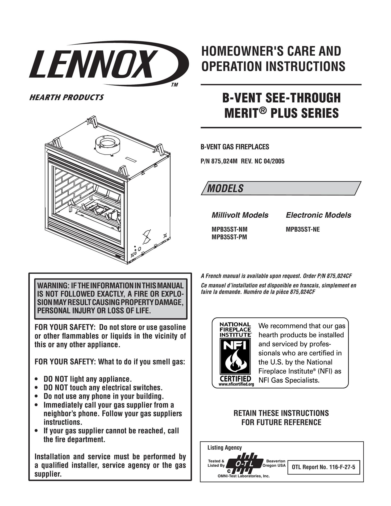 Lennox International Inc. MPB35ST-NM Indoor Fireplace User Manual