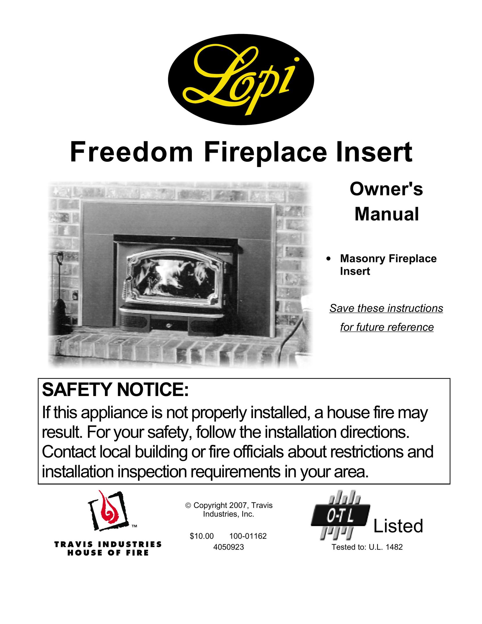 Lopi Freedom Fireplace Insert Indoor Fireplace User Manual