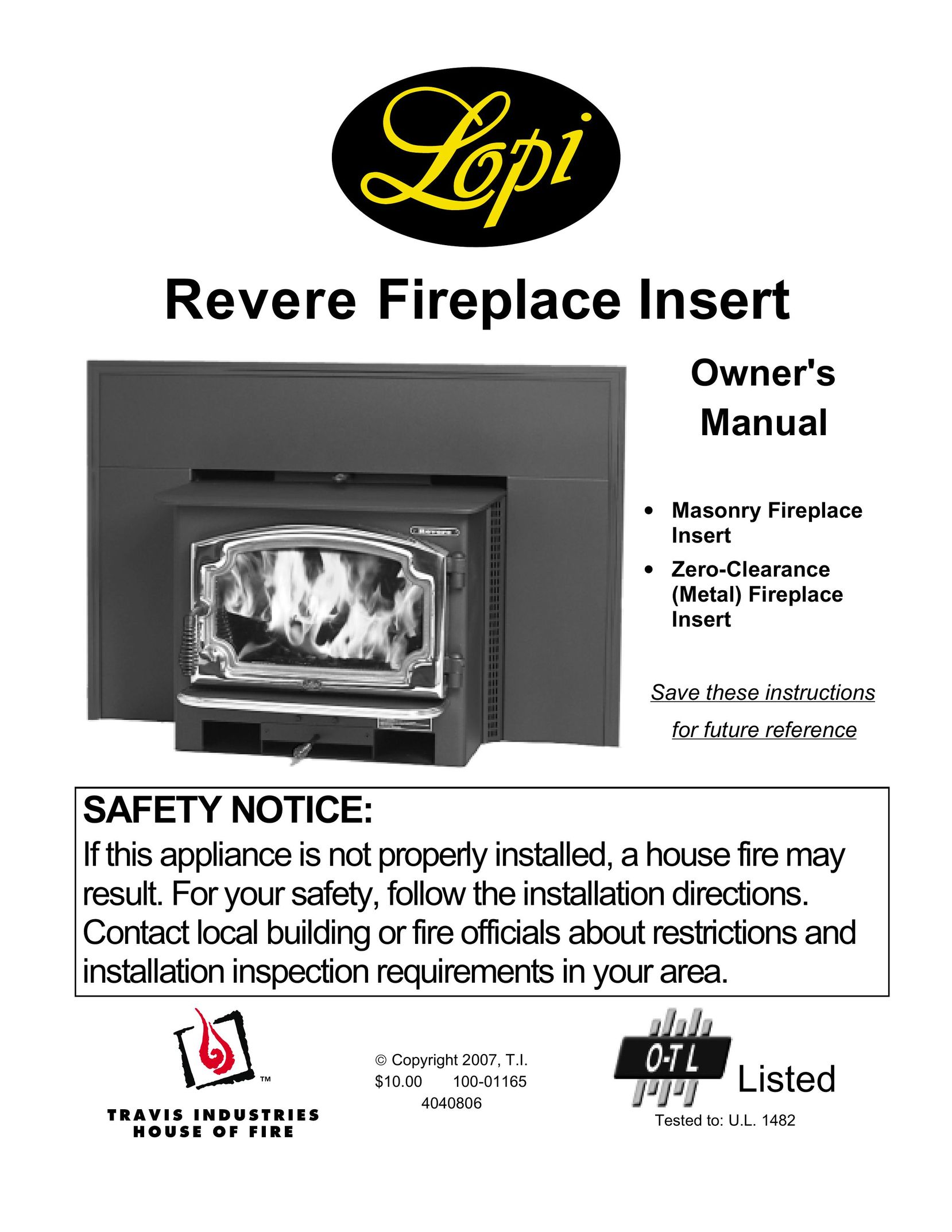 Lopi Revere Indoor Fireplace User Manual