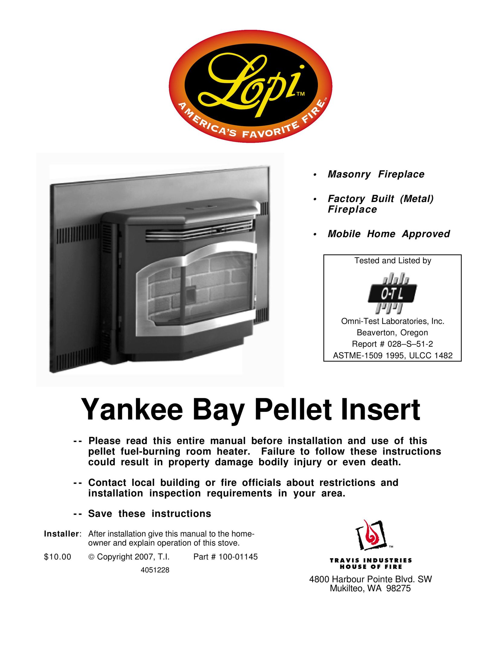 Lopi Yankee Bay Pellet Insert Indoor Fireplace User Manual