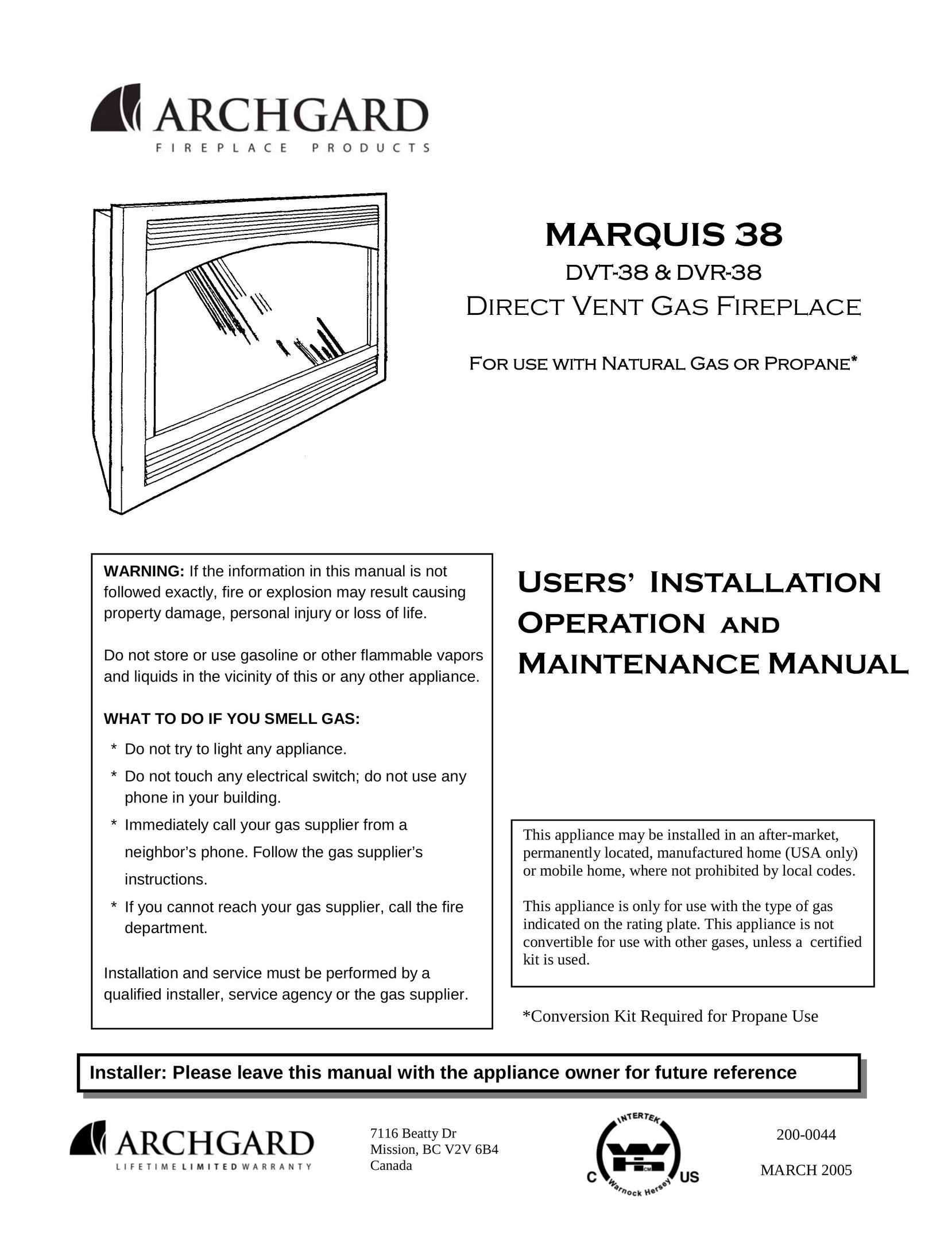 Marquis DVT-38 Indoor Fireplace User Manual