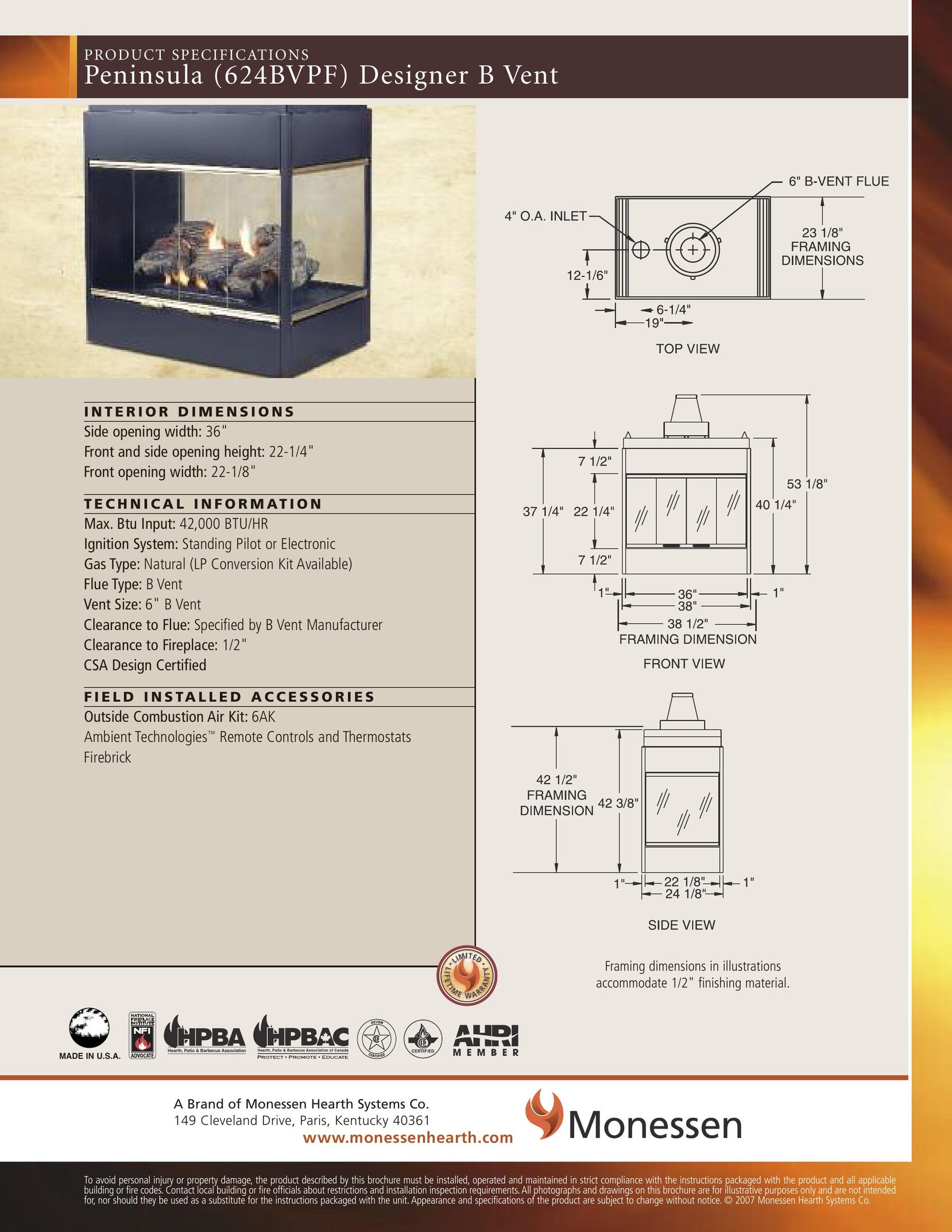 Monessen Hearth 624BVPF Indoor Fireplace User Manual