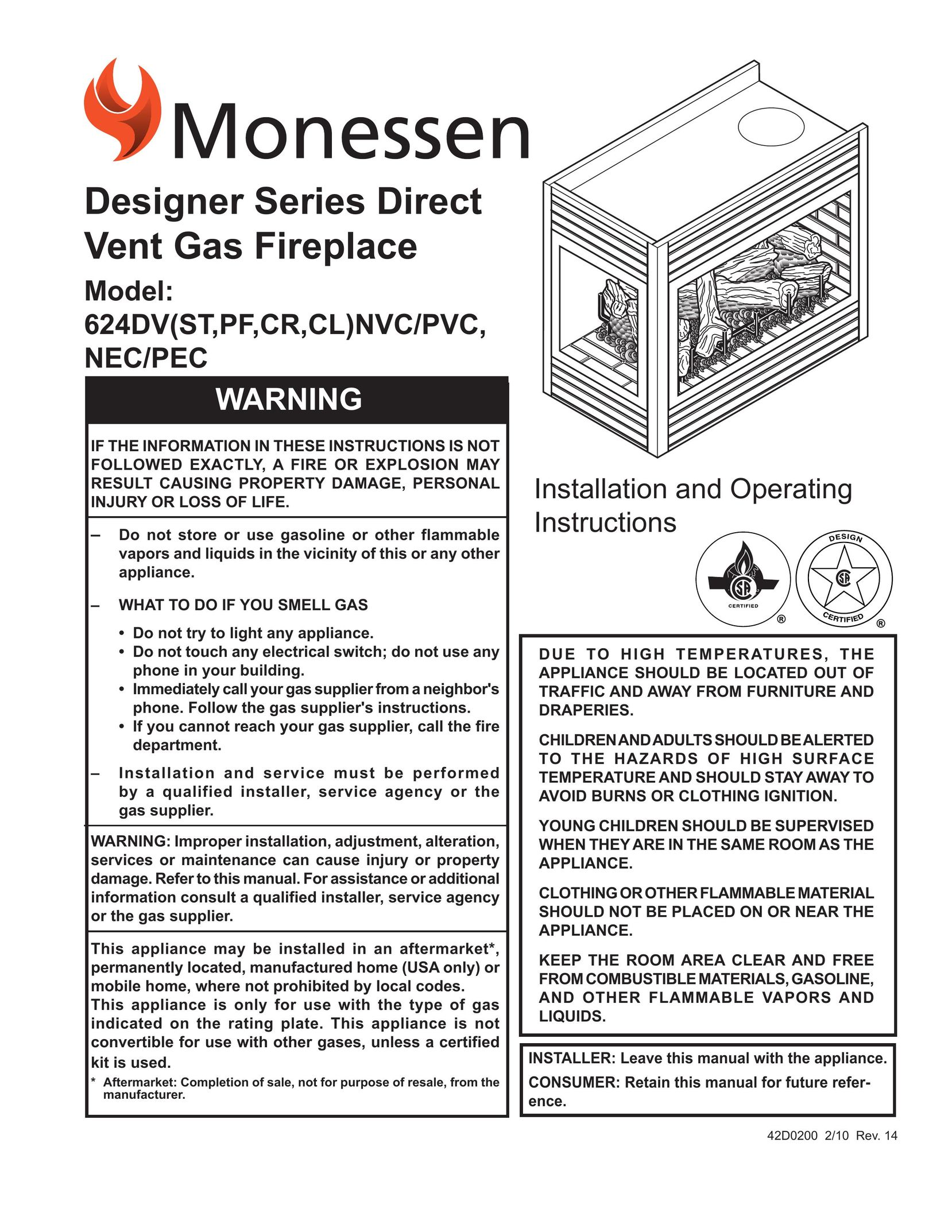 Monessen Hearth 624DV(ST Indoor Fireplace User Manual