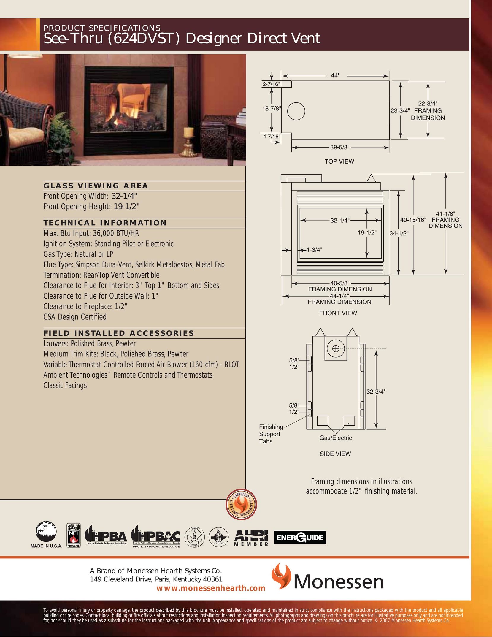 Monessen Hearth 624DVST Indoor Fireplace User Manual