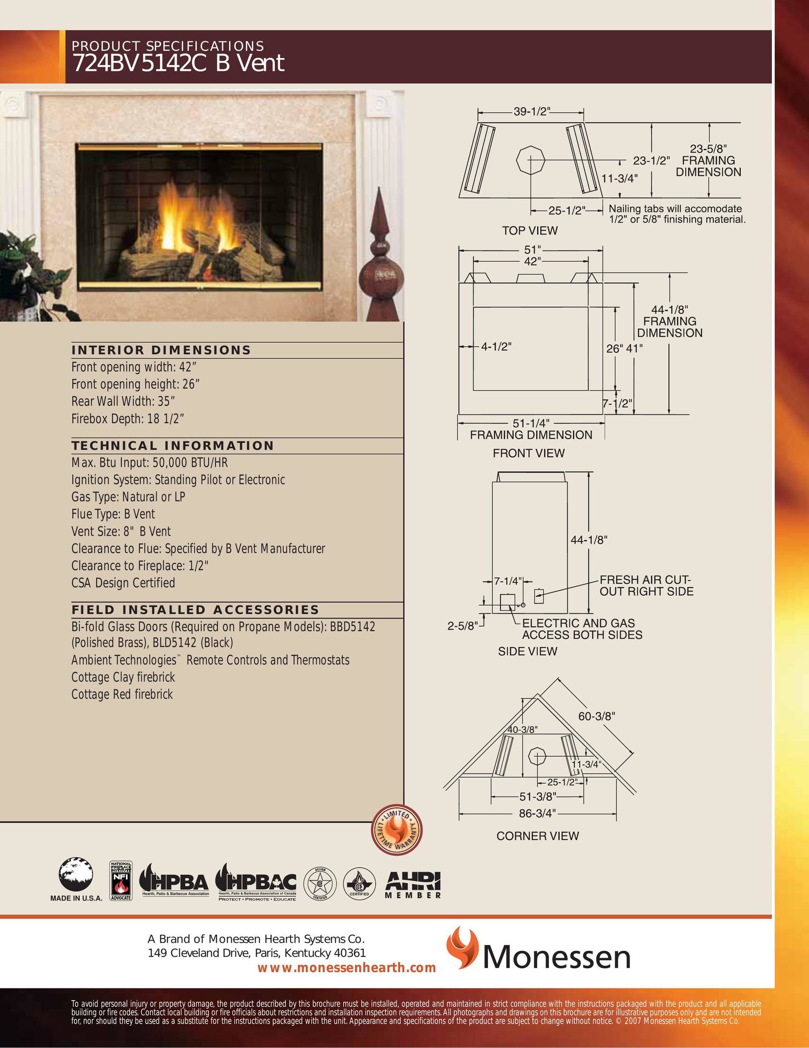 Monessen Hearth 724BV5142C Indoor Fireplace User Manual