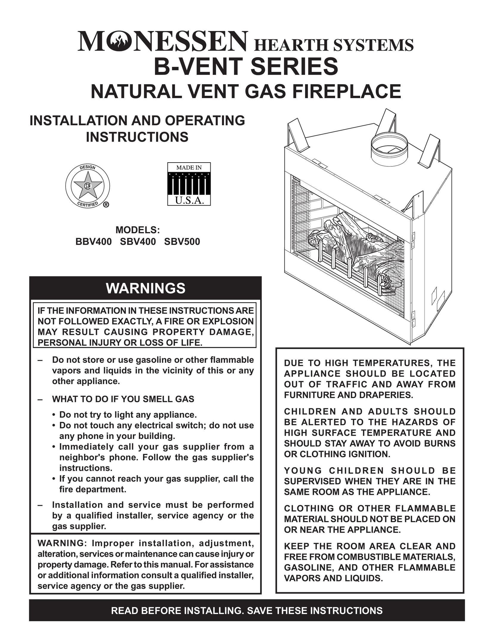 Monessen Hearth BBV400 Indoor Fireplace User Manual