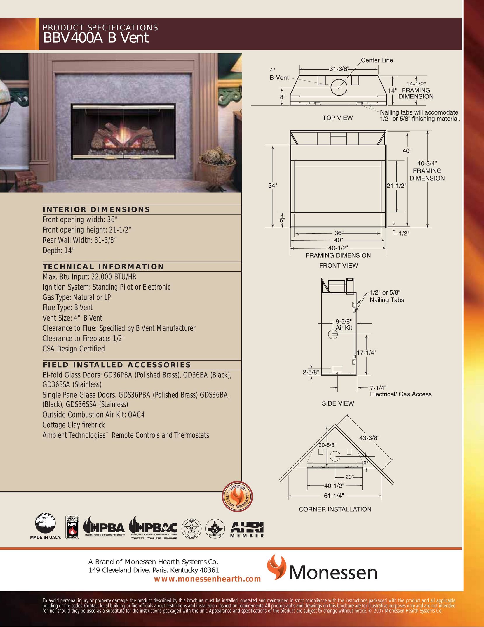 Monessen Hearth BBV400A Indoor Fireplace User Manual