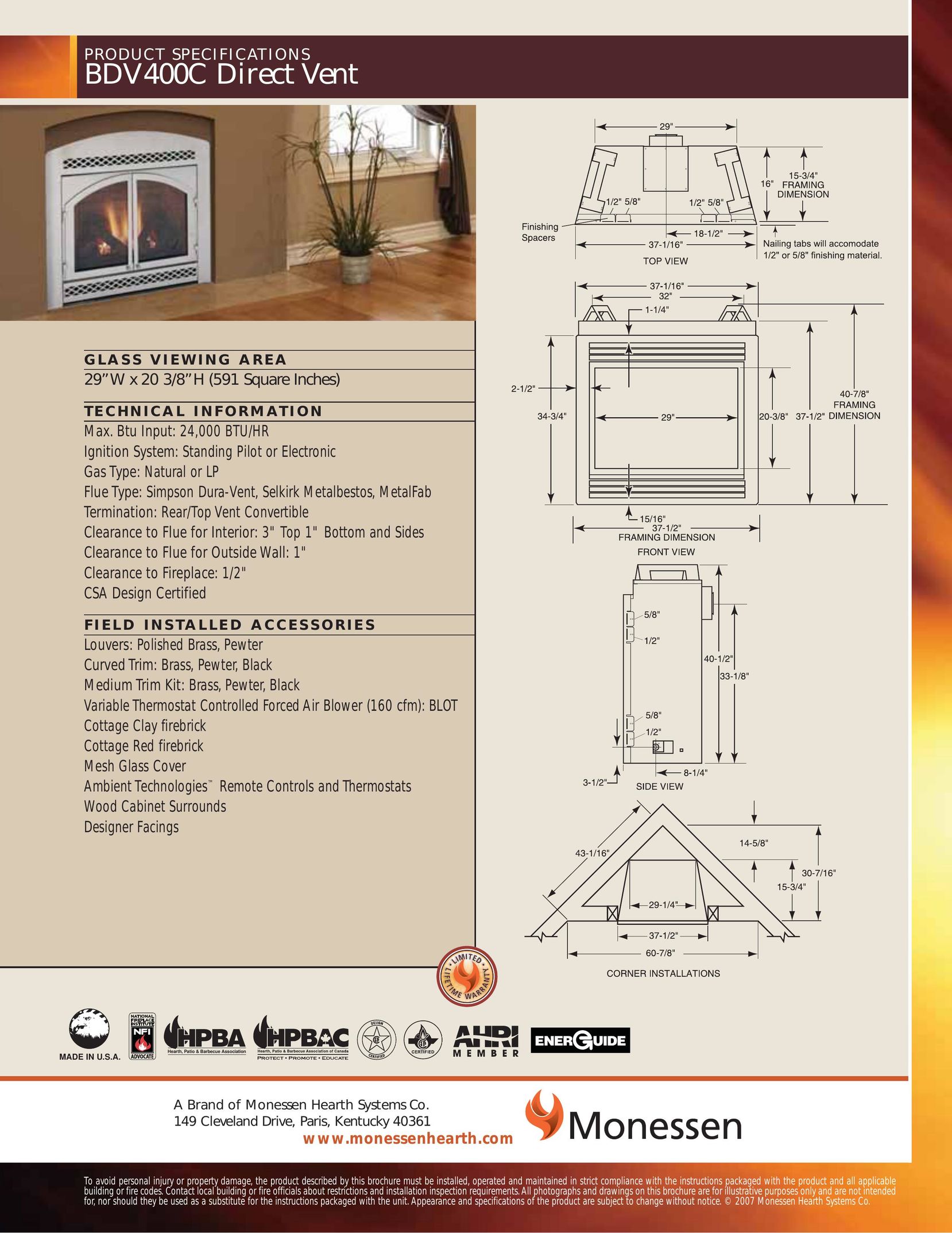 Monessen Hearth BDV400C Indoor Fireplace User Manual
