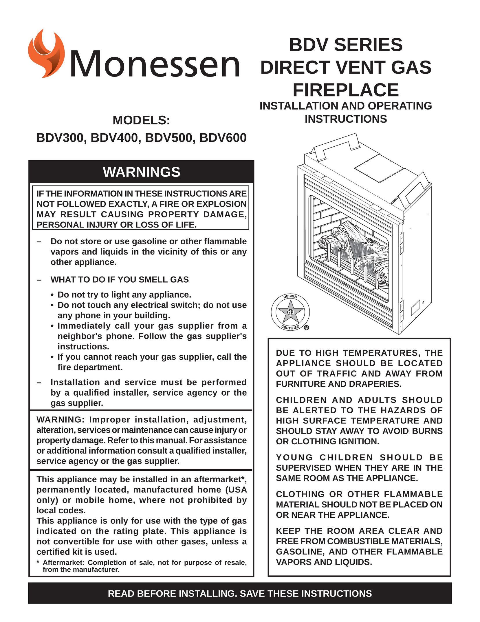 Monessen Hearth BDV500 Indoor Fireplace User Manual