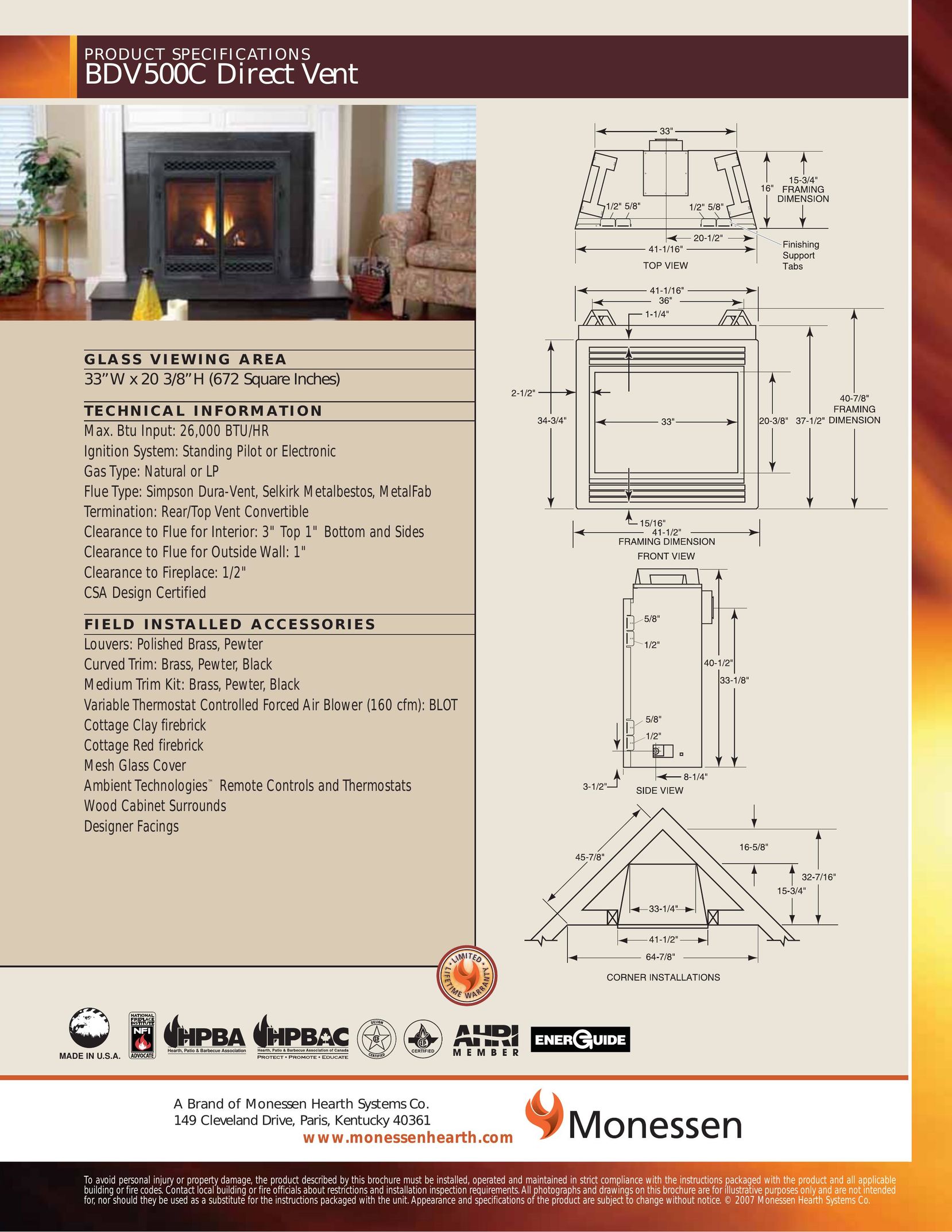 Monessen Hearth BDV500C Indoor Fireplace User Manual