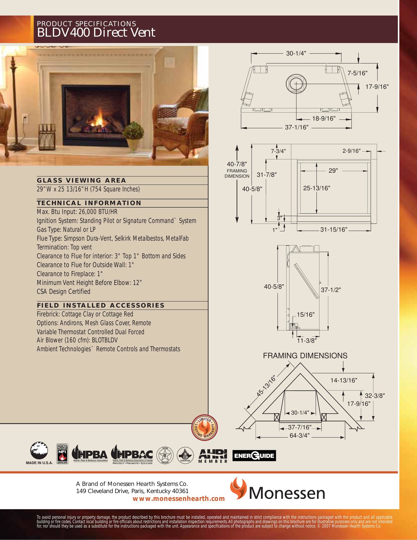 Monessen Hearth BLDV400 Indoor Fireplace User Manual