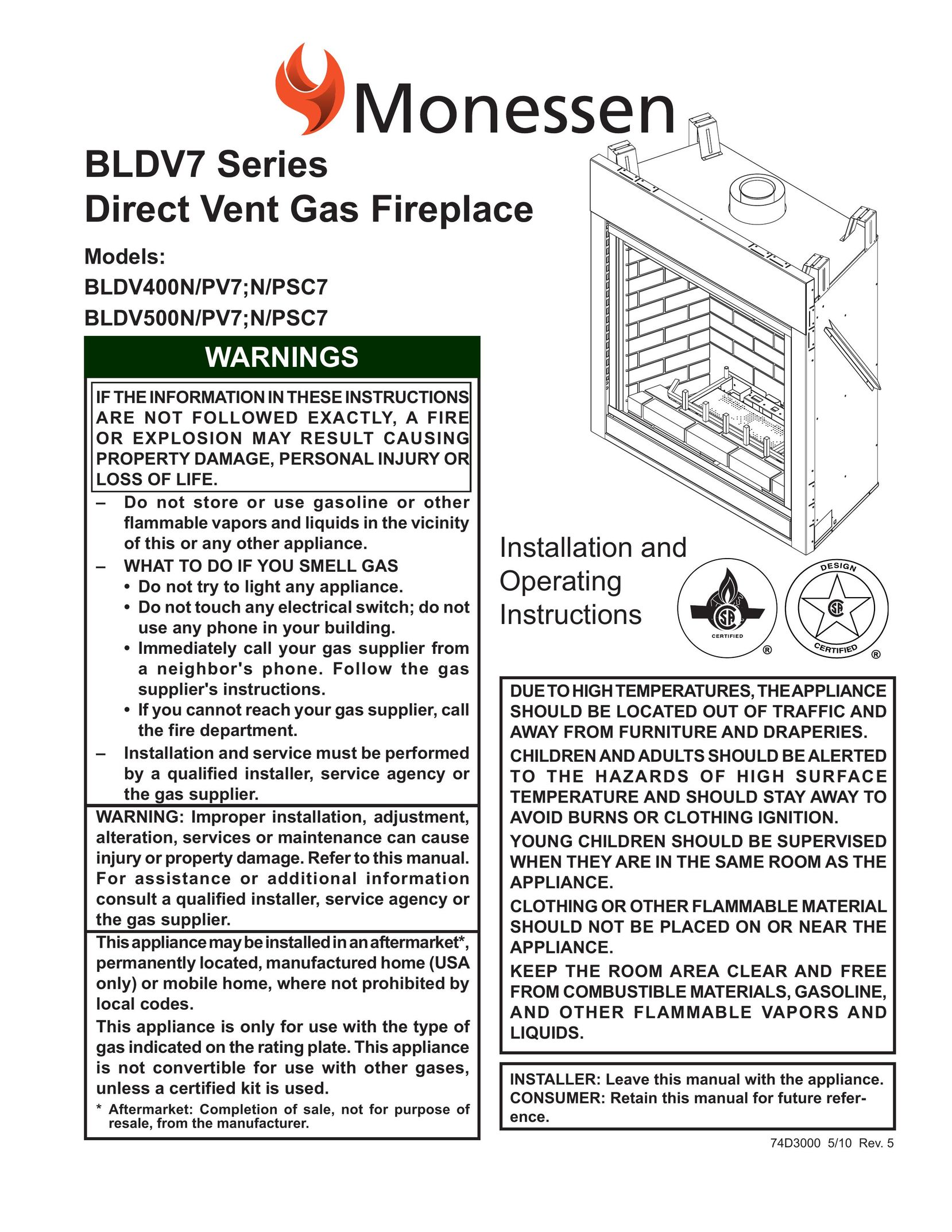 Monessen Hearth BLDV500N/PV7;N/PSC7 Indoor Fireplace User Manual