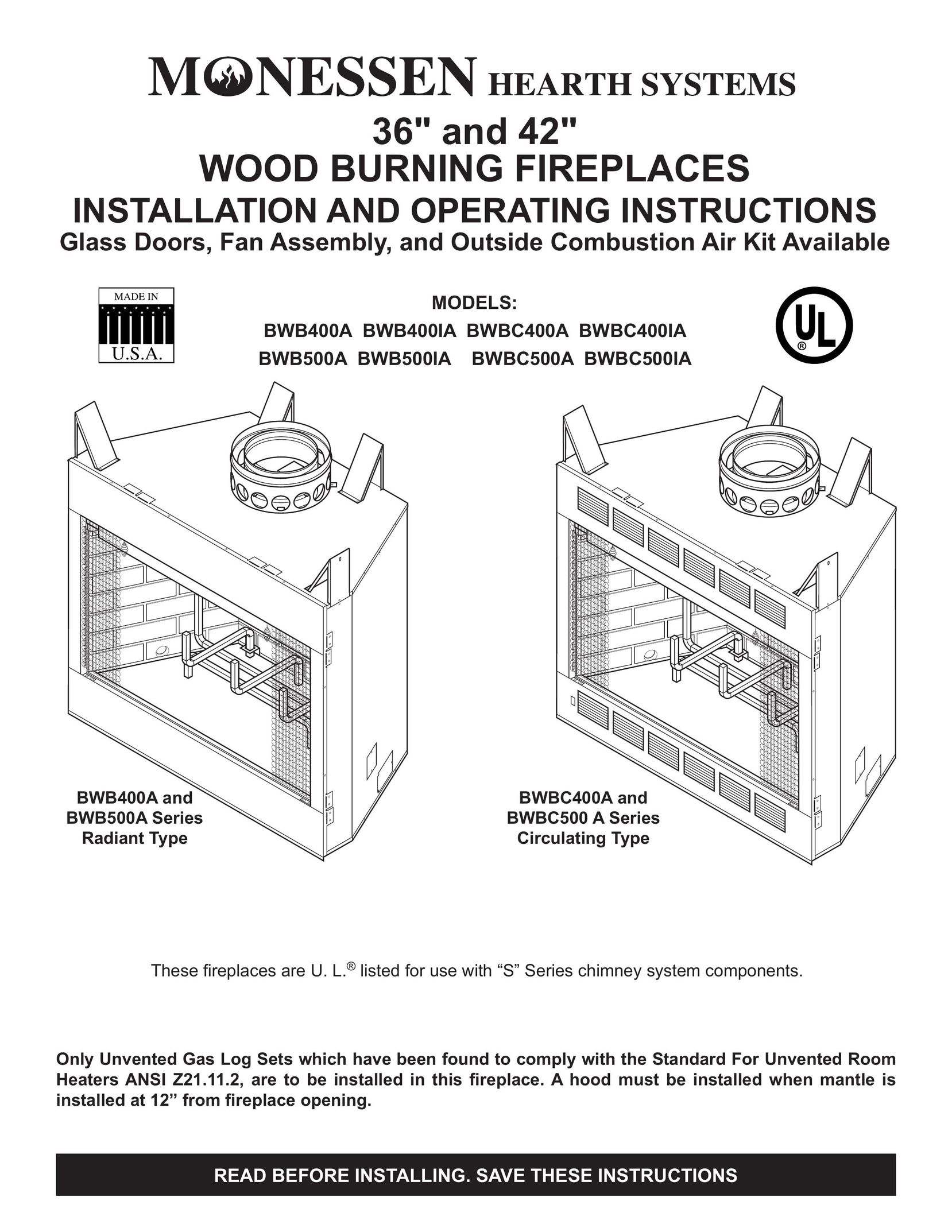 Monessen Hearth BWB400IA Indoor Fireplace User Manual