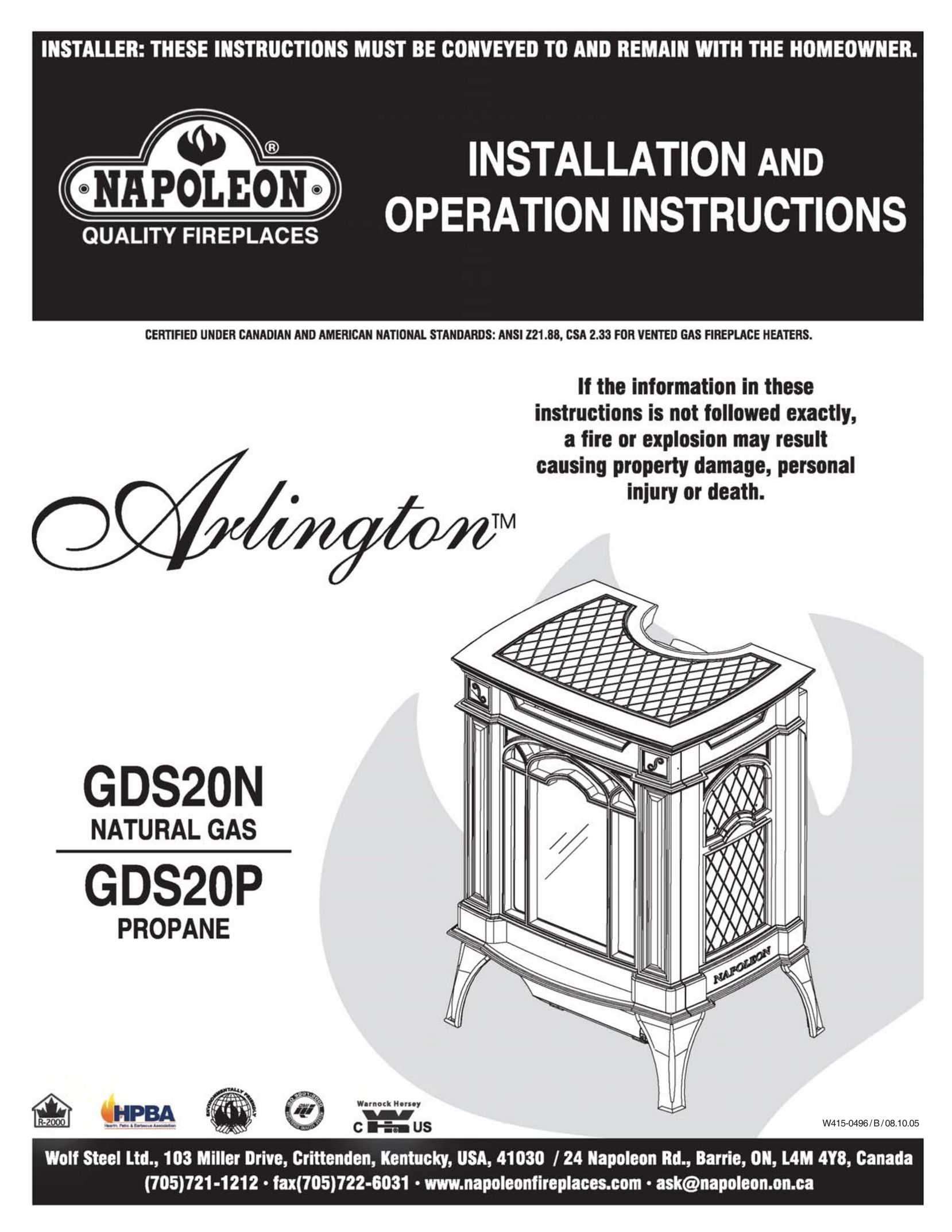 Napoleon Fireplaces Arlington GDS20N Indoor Fireplace User Manual